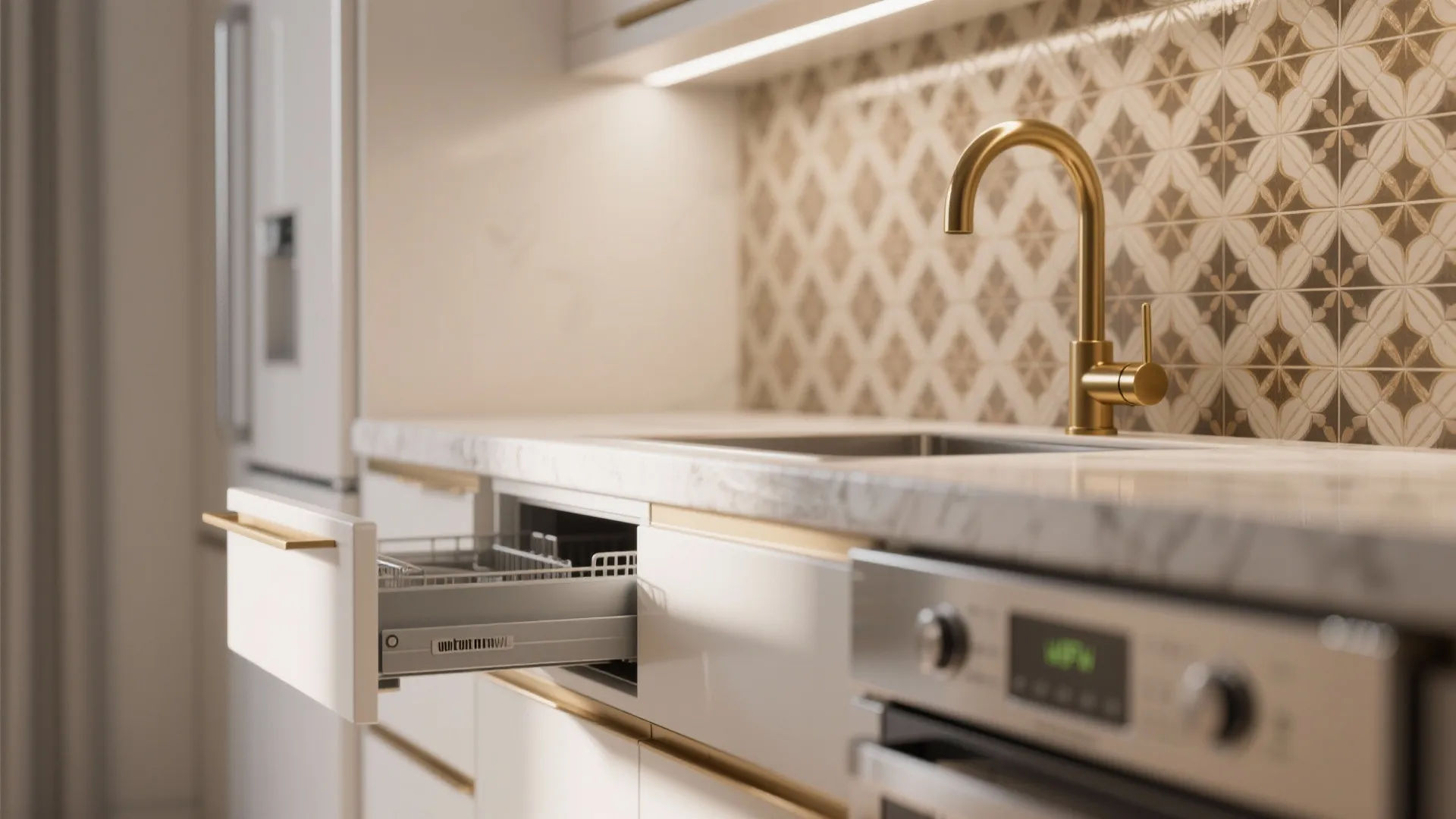 Modern kitchen interior featuring open dishwasher drawer gold water faucet and decorative pattern wall tiles