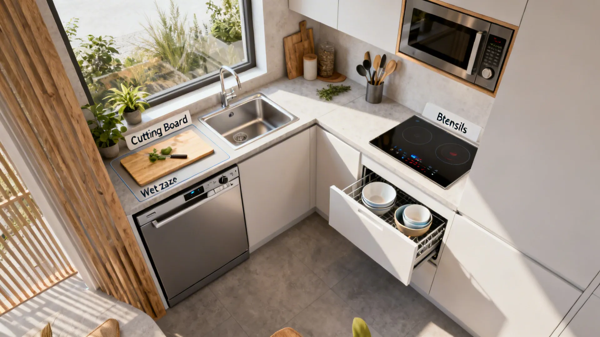 Small kitchen with compact smart appliances and clearly defined wet and dry prep zones
