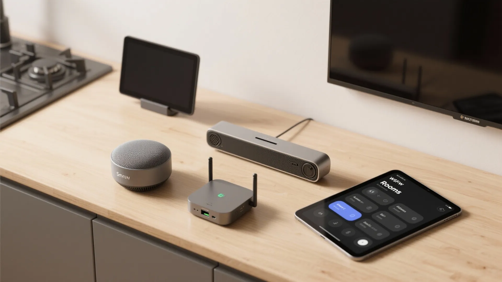 Smart home gadgets including speaker, router, and tablet on a light wood kitchen counter surface