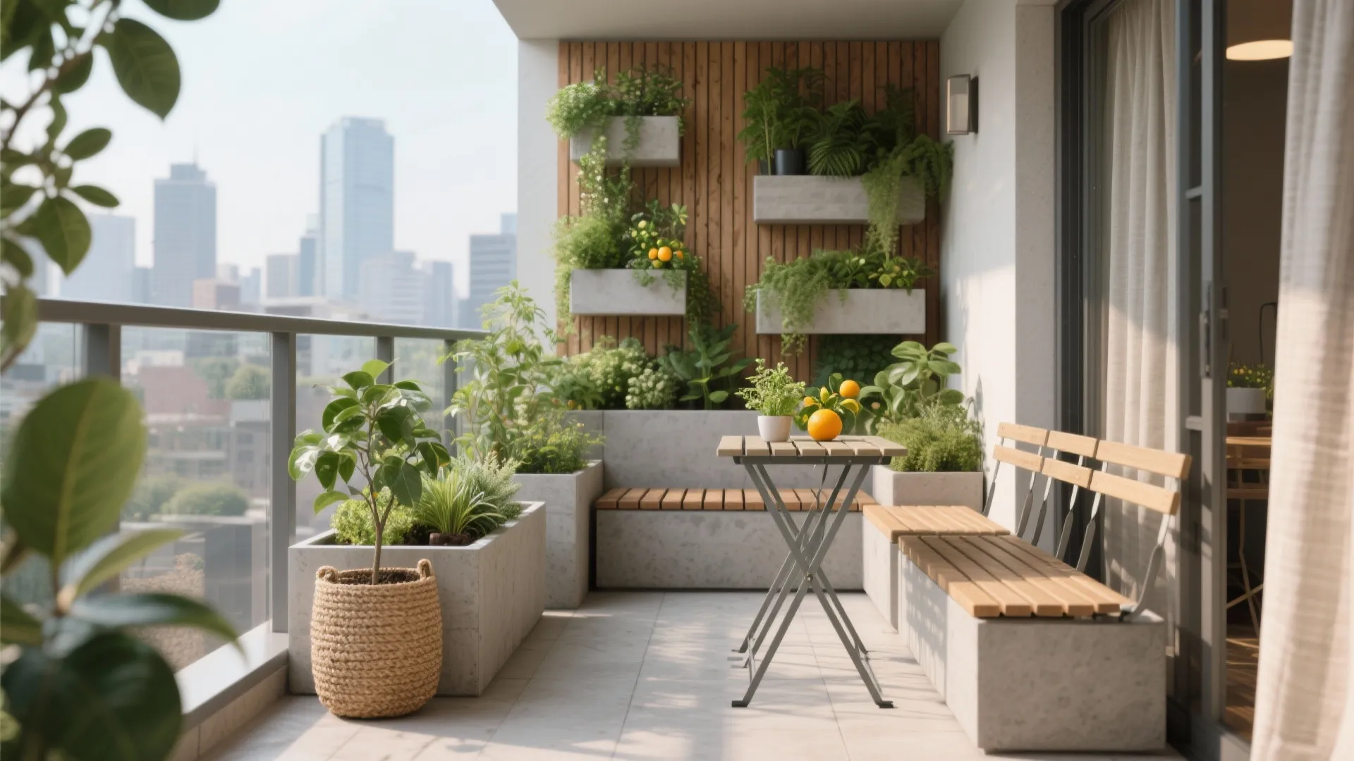 Balcony garden with wall plants, wooden benches, small table, fruit, and city skyline in background