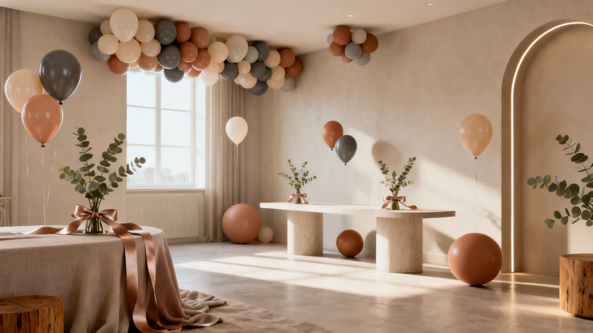 Elegant interior space decorated with colorful balloons featuring long stone table and plants under light