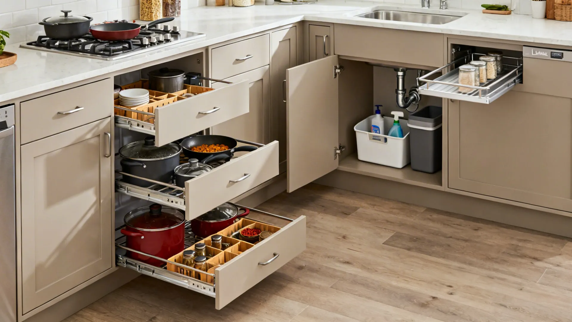 Base cabinets with deep drawers, a corner LeMans tray, and an organized under-sink pull-out.