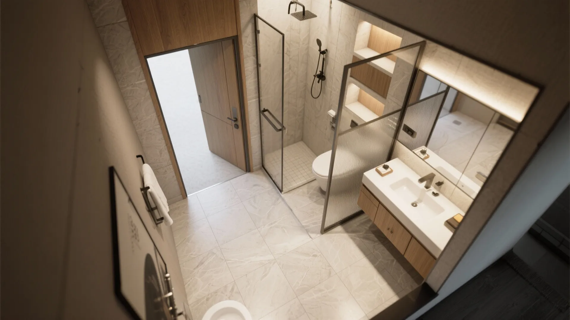 Modern bathroom interior design showing glass shower door toilet white sink and grey tiled floor