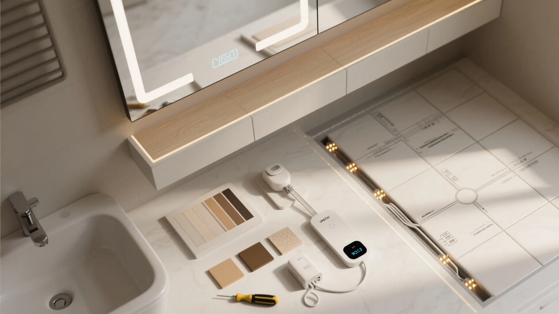 Bathroom vanity showing smart mirror with digital clock and electronic devices for bathroom technology planning