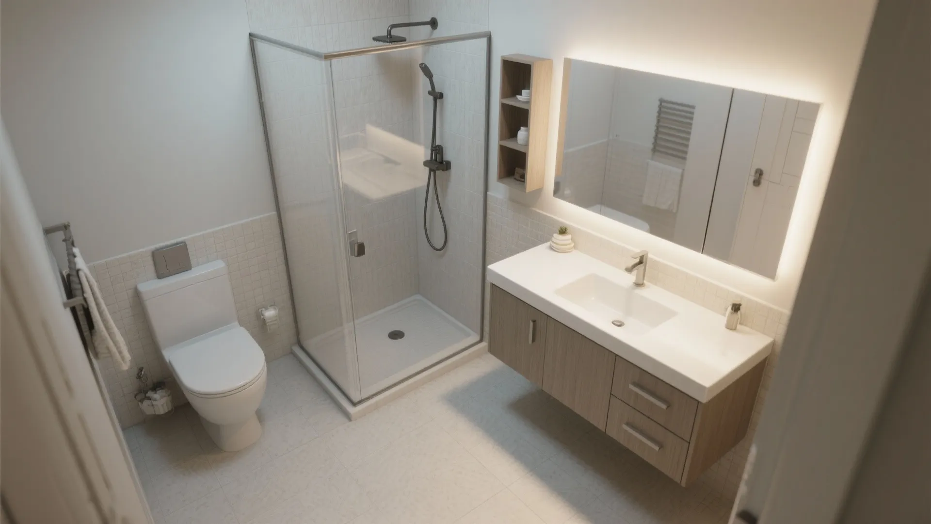 Top view of small bathroom with glass shower door wood cabinet white sink and toilet