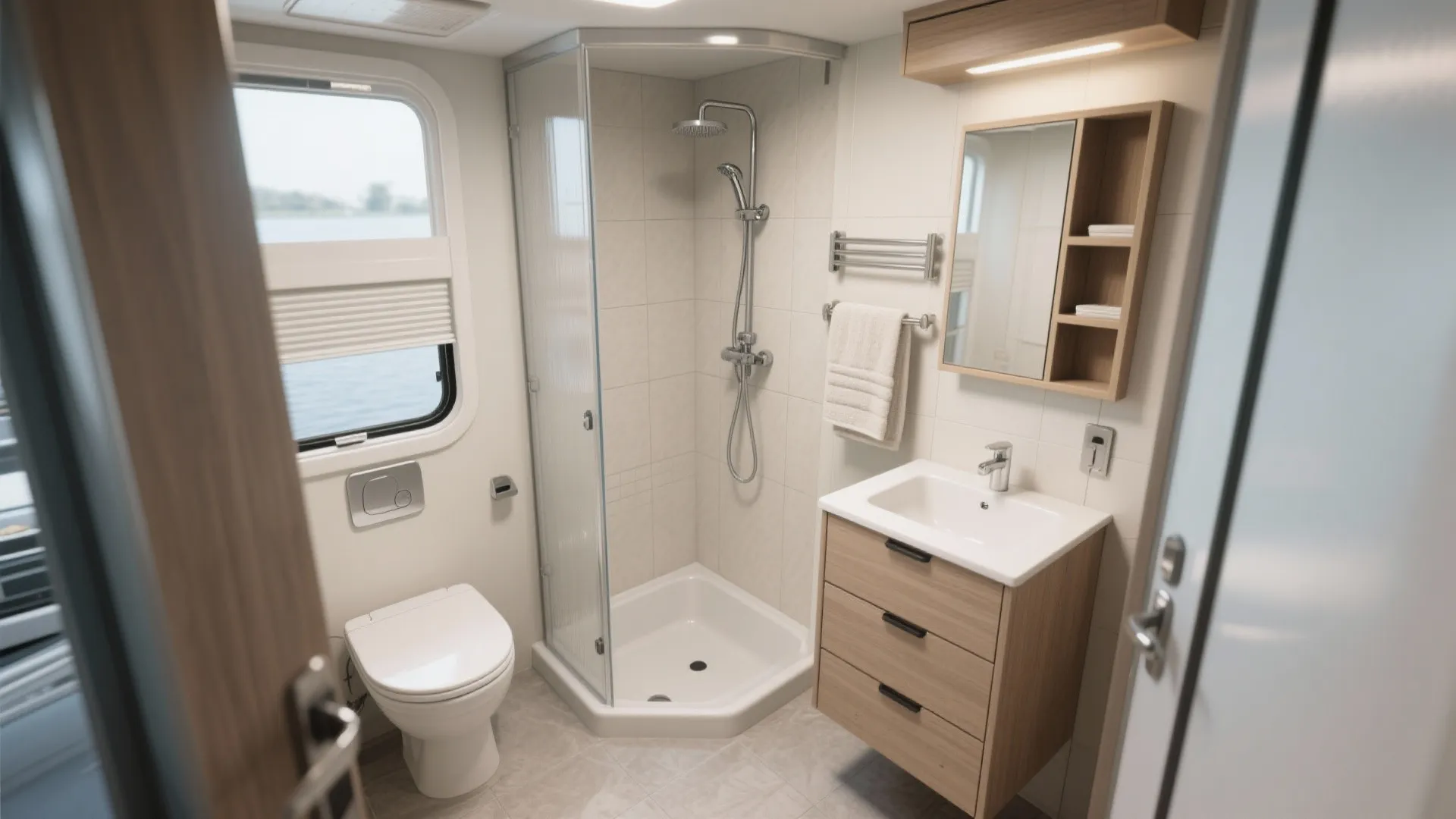 Small modern bathroom featuring glass corner shower, white toilet, wooden sink cabinet, and a mirror