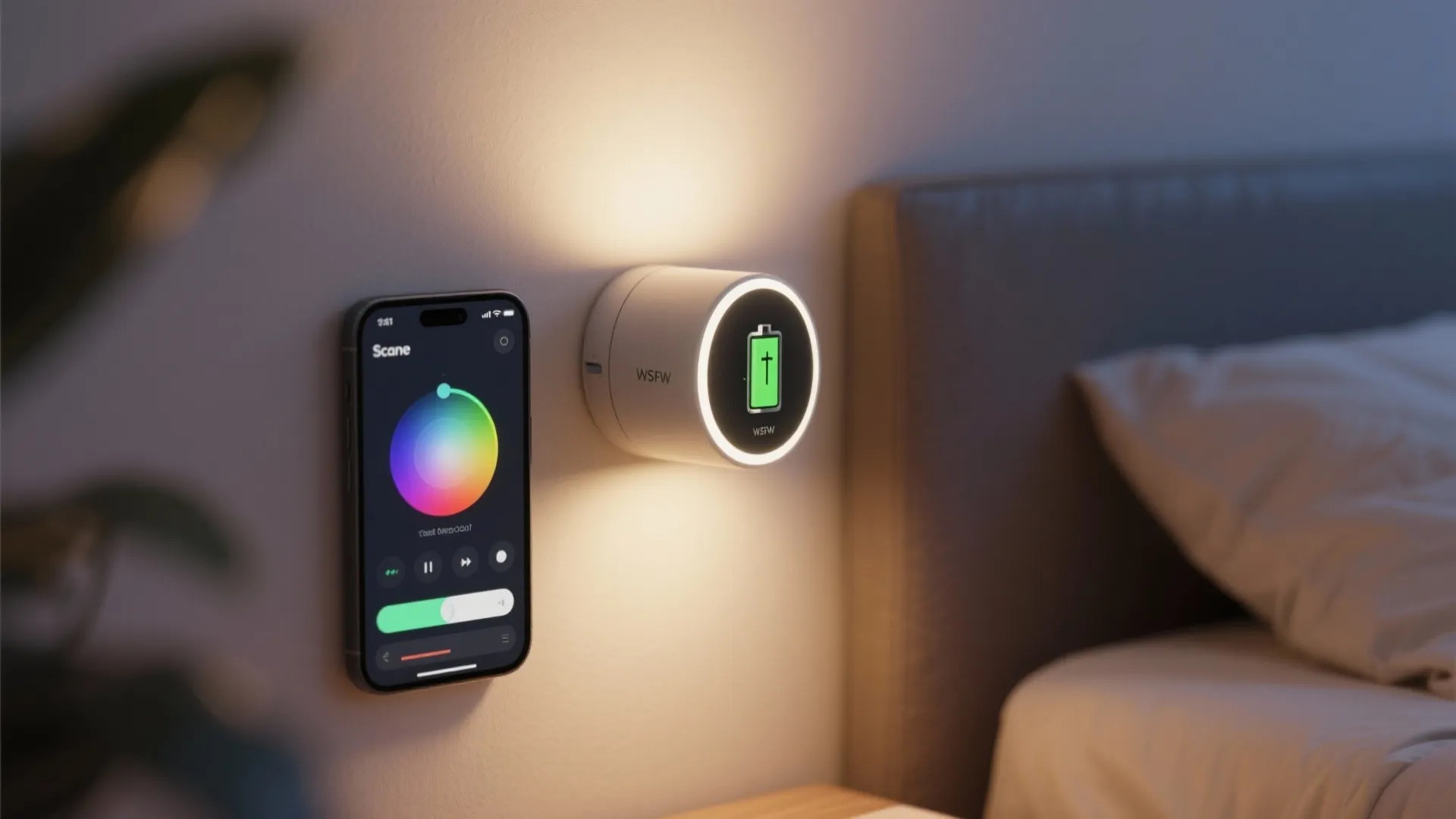 Smart battery wall light showing battery life display next to a mobile phone app screen control