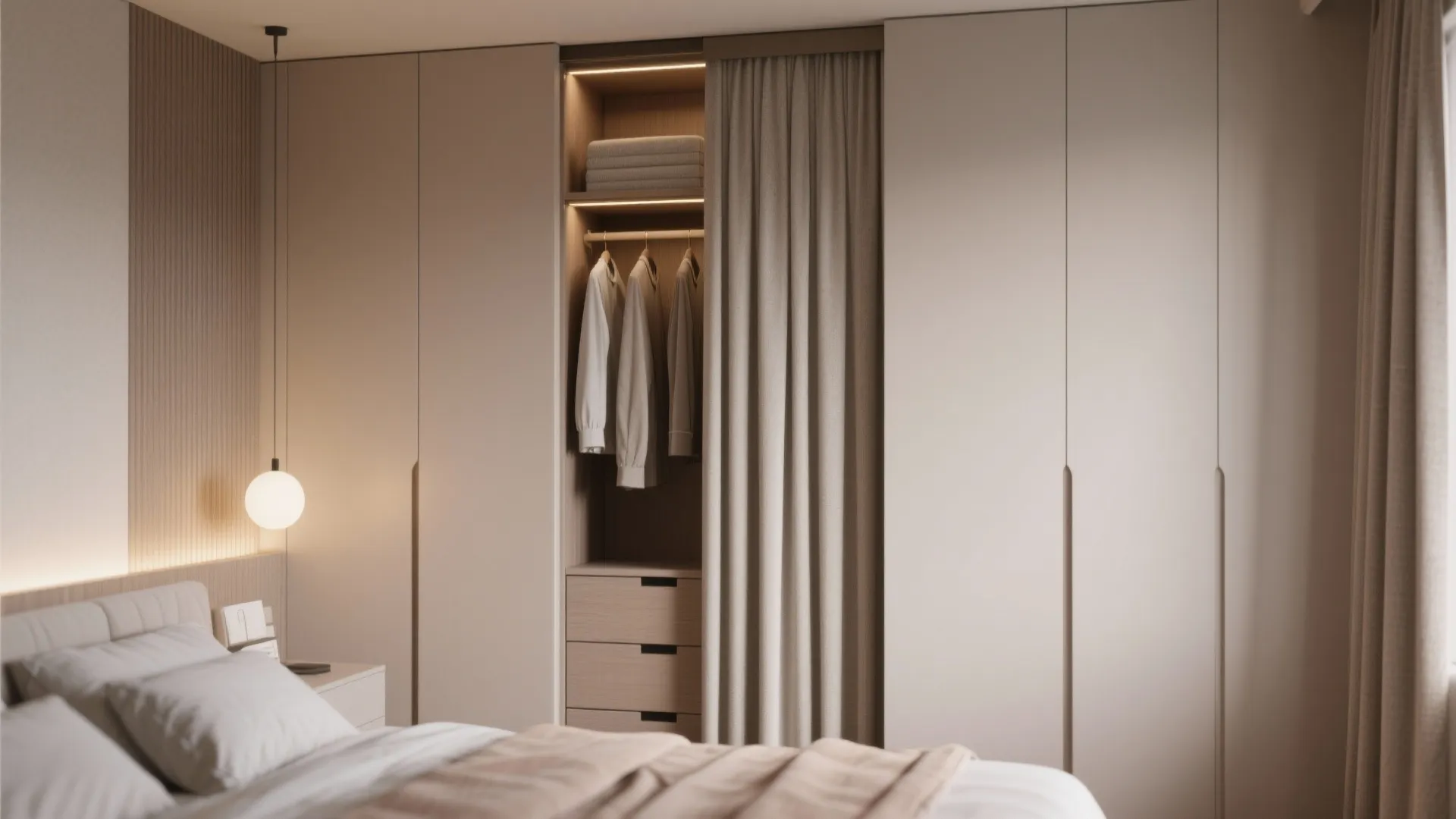 Modern bedroom with built-in wardrobe featuring clothes hanging space drawers and a small bedside light fixture