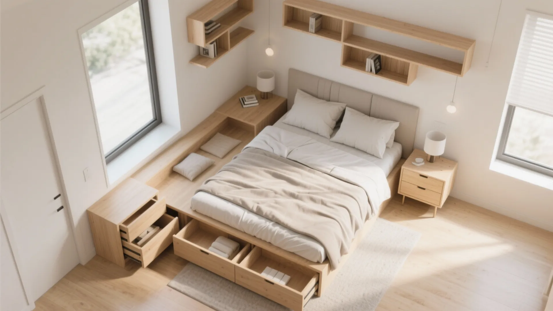 Top view of bedroom with wooden storage bed open drawers wall shelves and light wood flooring