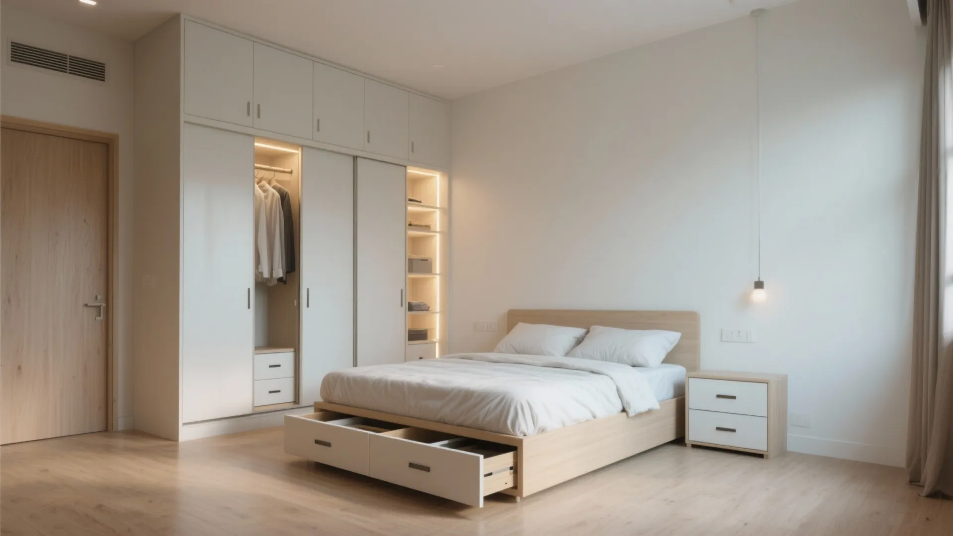 Smart bedroom storage: under-bed drawers and sliding wardrobes