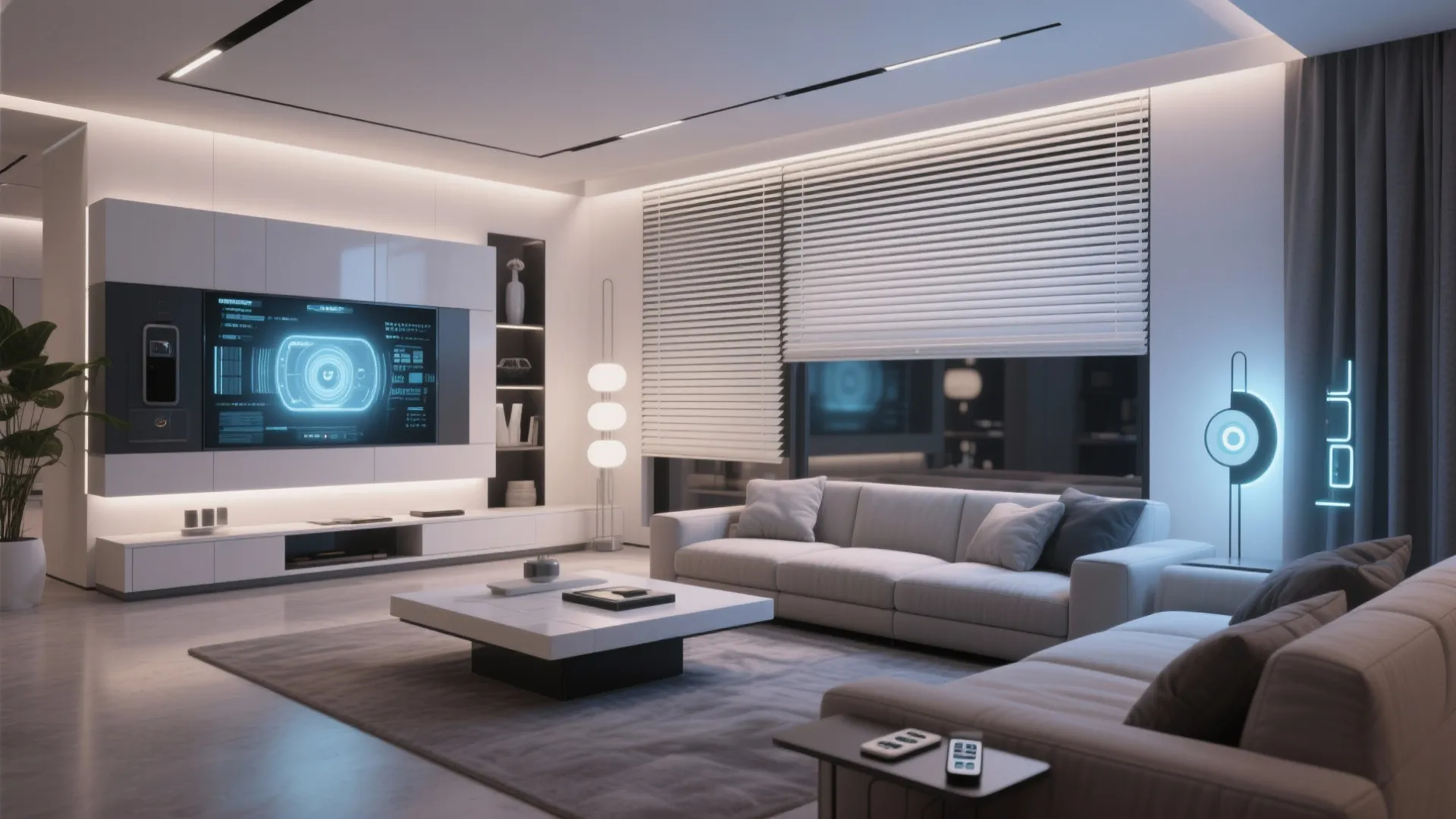 Remote-controlled smart blinds in a tech-savvy modern living room