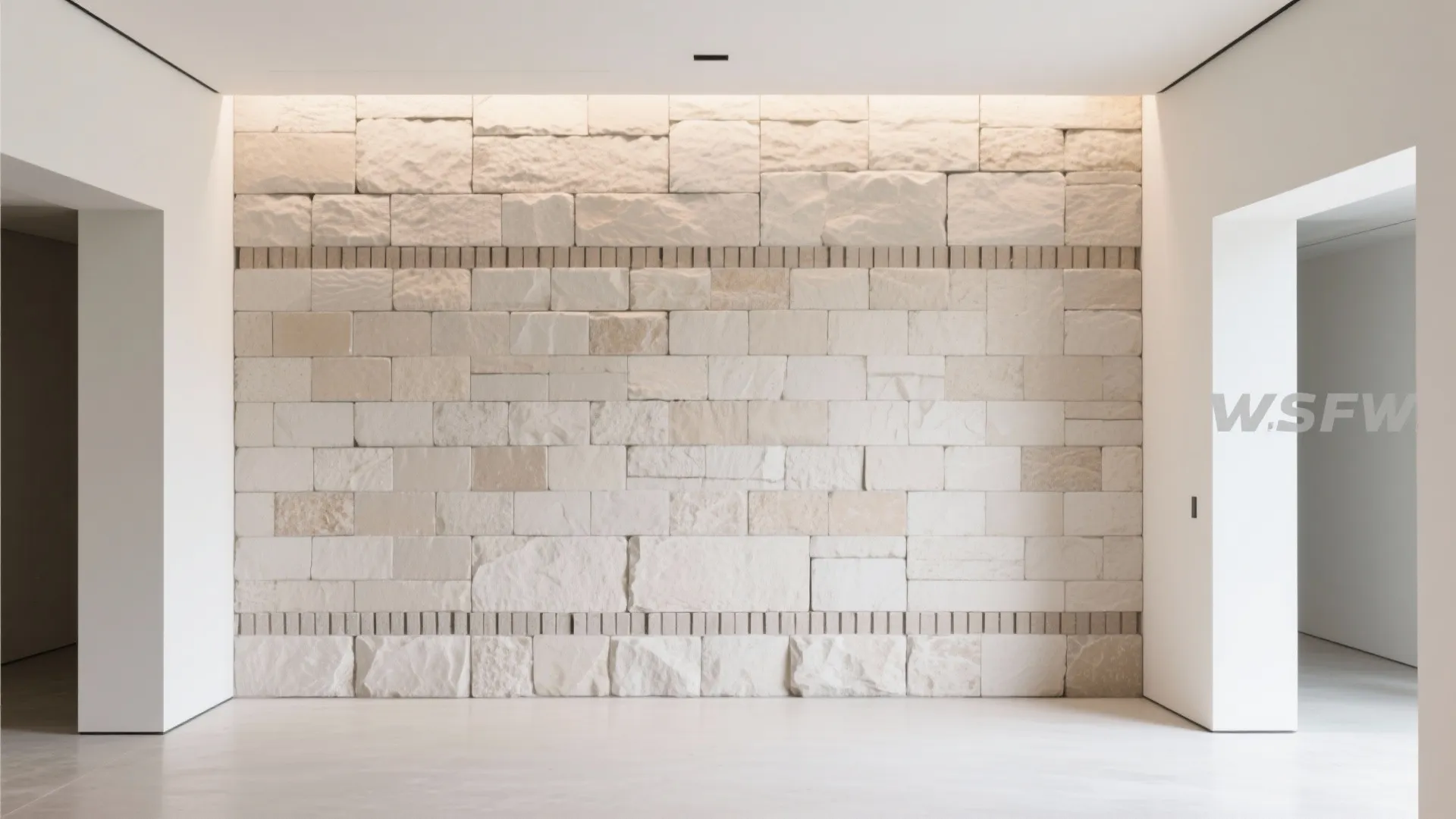 Interior room with white walls featuring a large decorative light colored stone brick wall design