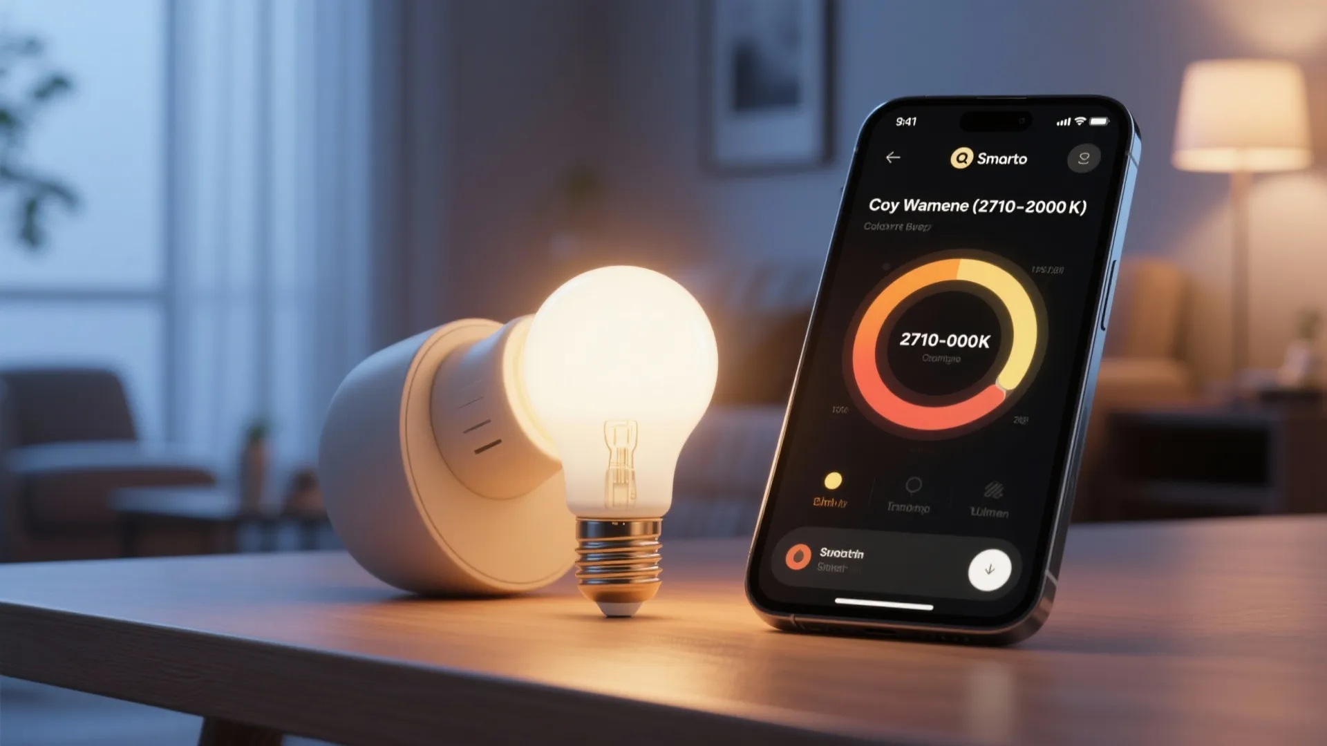 Smart light bulb glowing on a table next to a phone showing temperature control settings