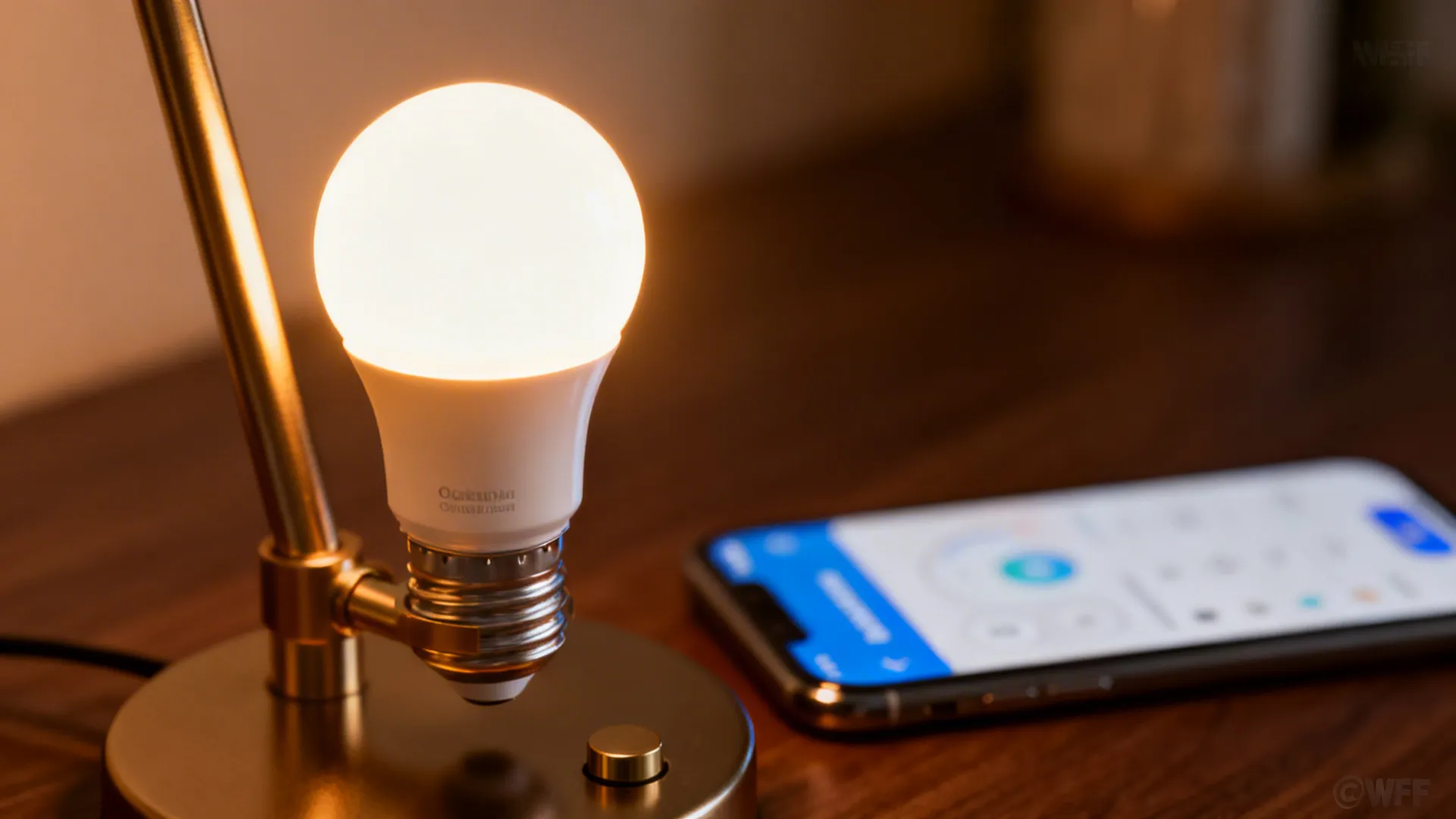 Close-up of a smart bulb in a table lamp with a smartphone app controlling its warmth and brightness.