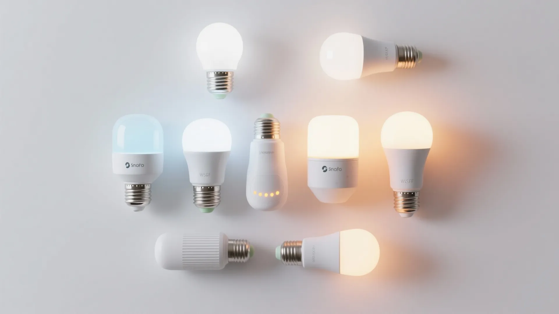 Collection of different smart light bulbs showing various shapes sizes and warm to cool colors