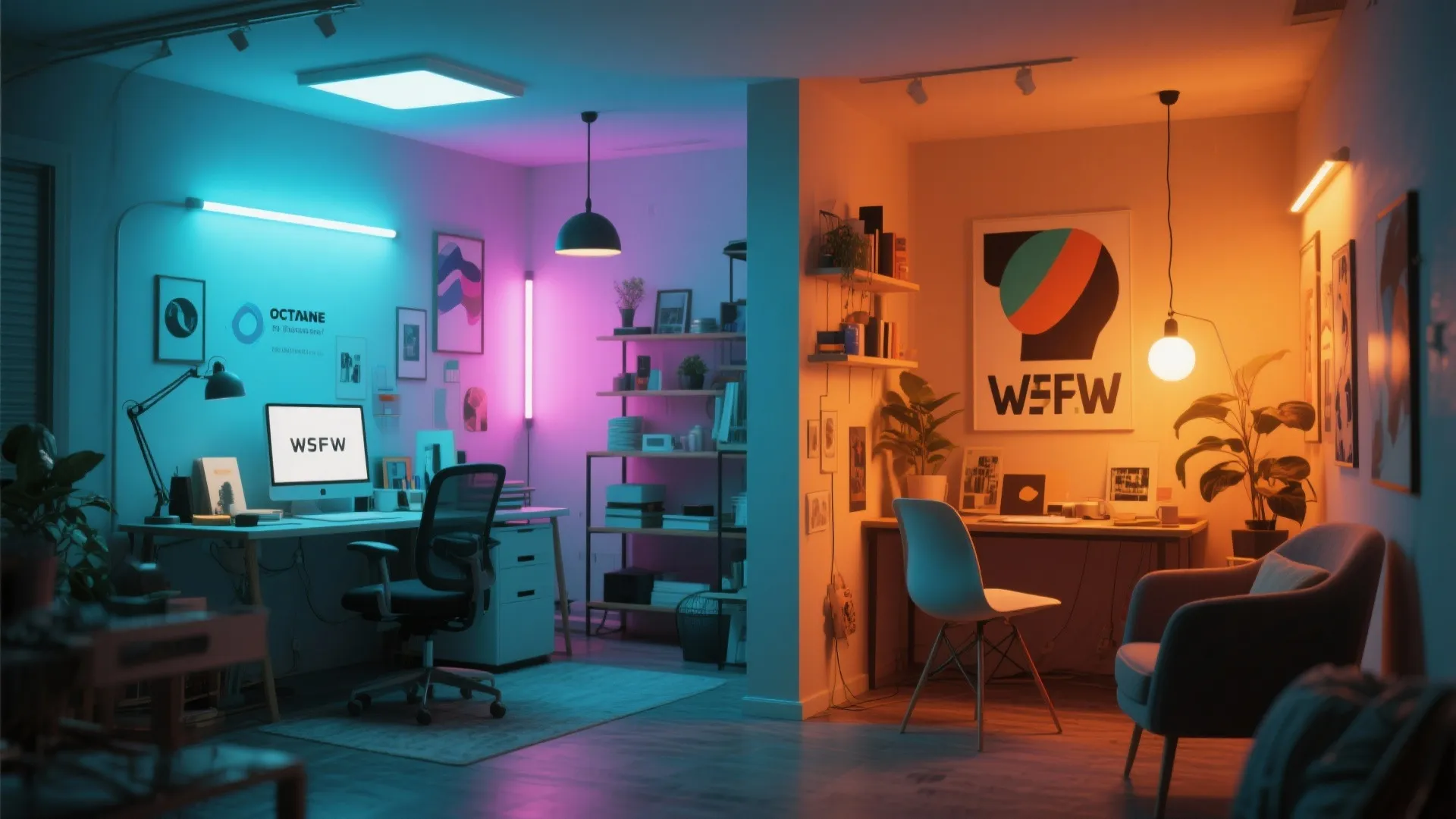 Modern home office with split lighting showing blue and orange workspaces with desks and chairs