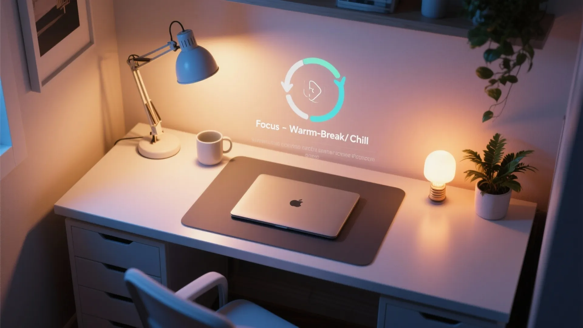 Top-down view of a small home office showing smart bulb scene presets for focus, warm break and chill.
