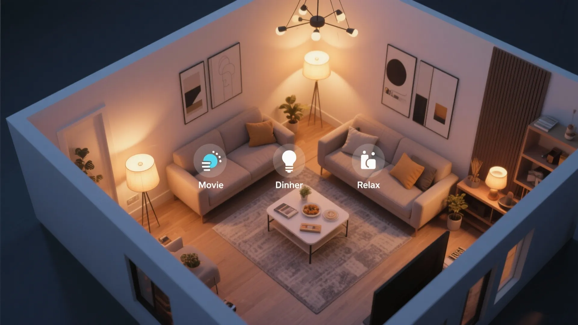 Top-down layout of a living room showing smart bulb placement and scene presets for ambiance