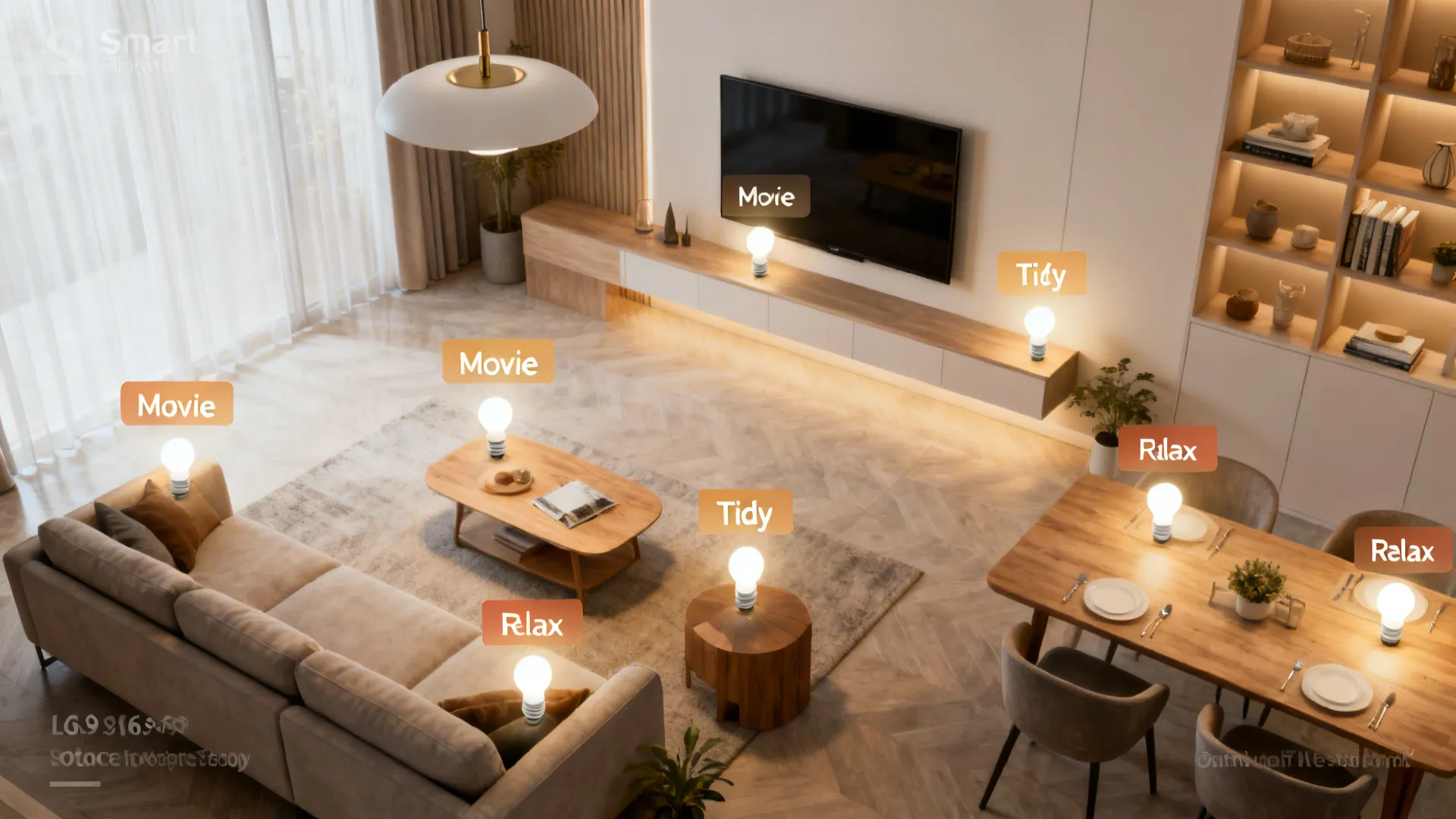 Modern living and dining room layout with smart light bulbs labeled movie relax and tidy