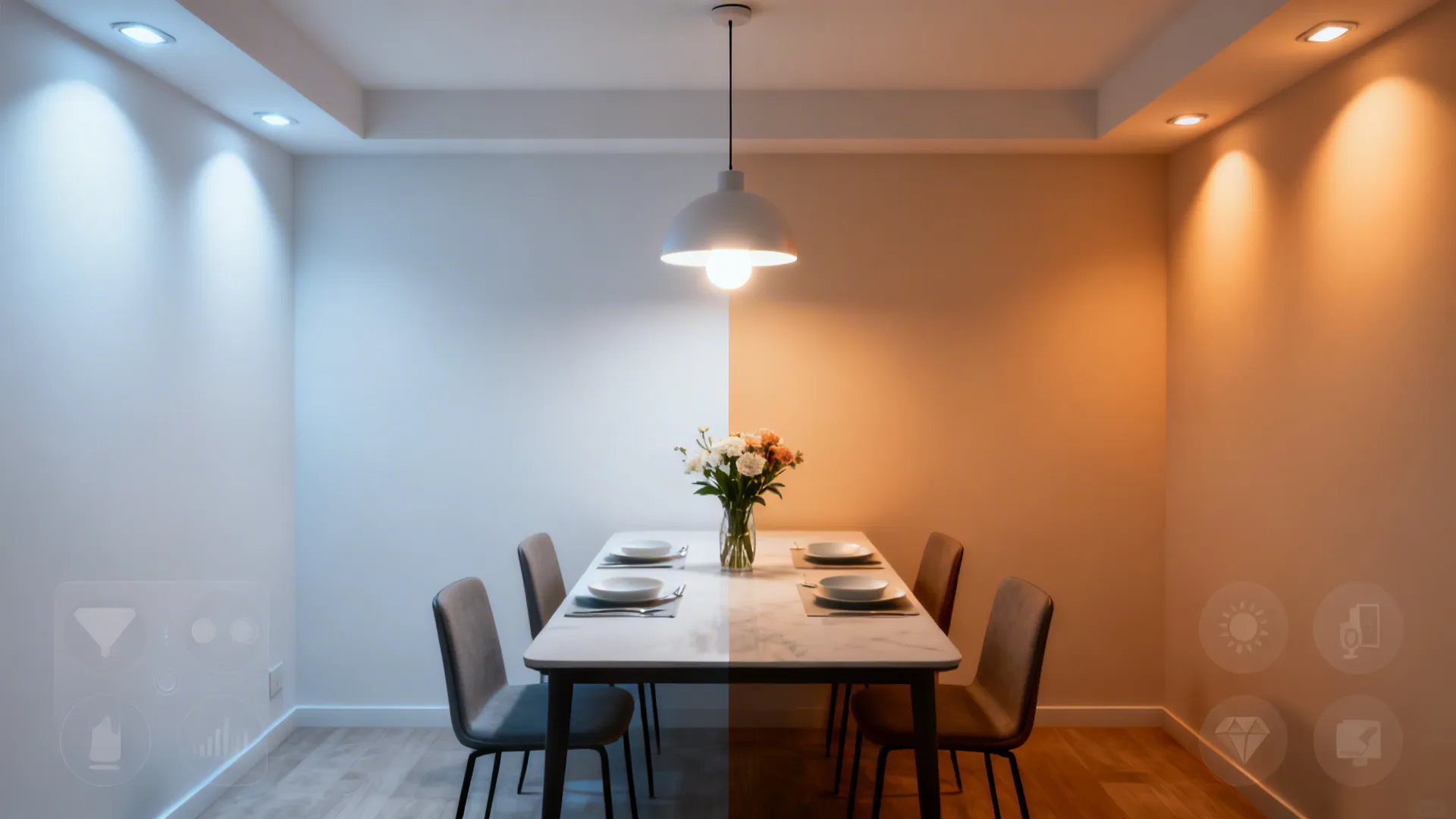 Small dining room demonstrating smart bulb scenes from bright prep light to warm dinner glow