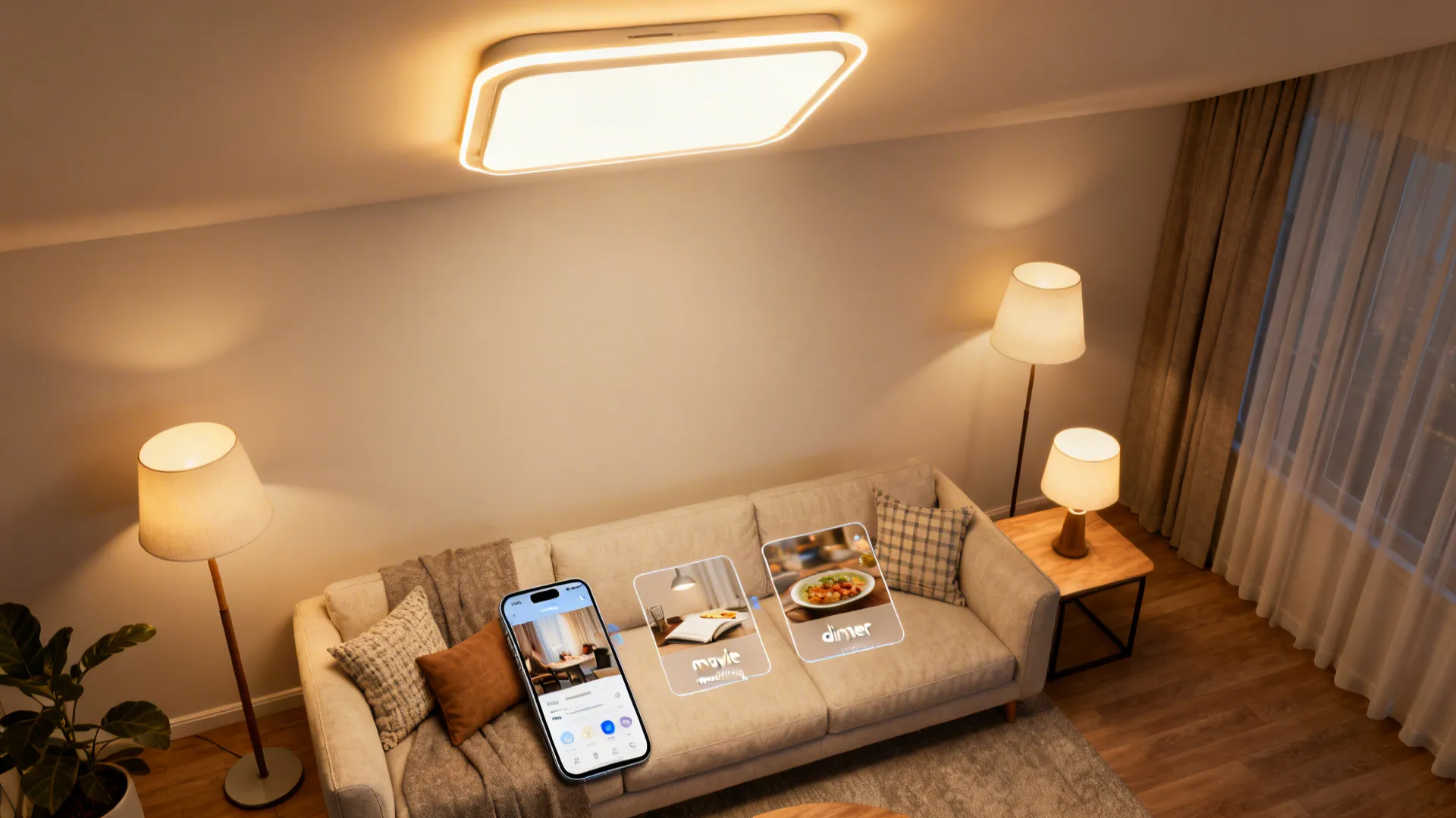 Top-down view of a living room with smart warm white lighting scenes controlled by smartphone.