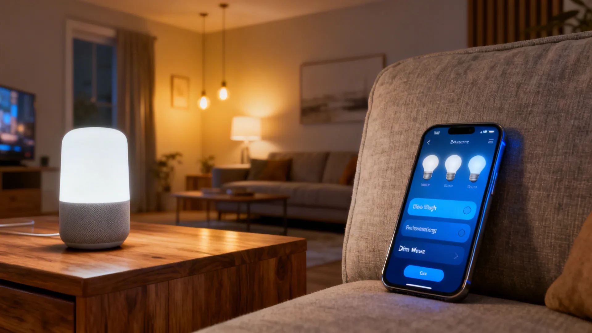 Small living room demonstrating smart-bulb scenes with a phone app and smart speaker visible.