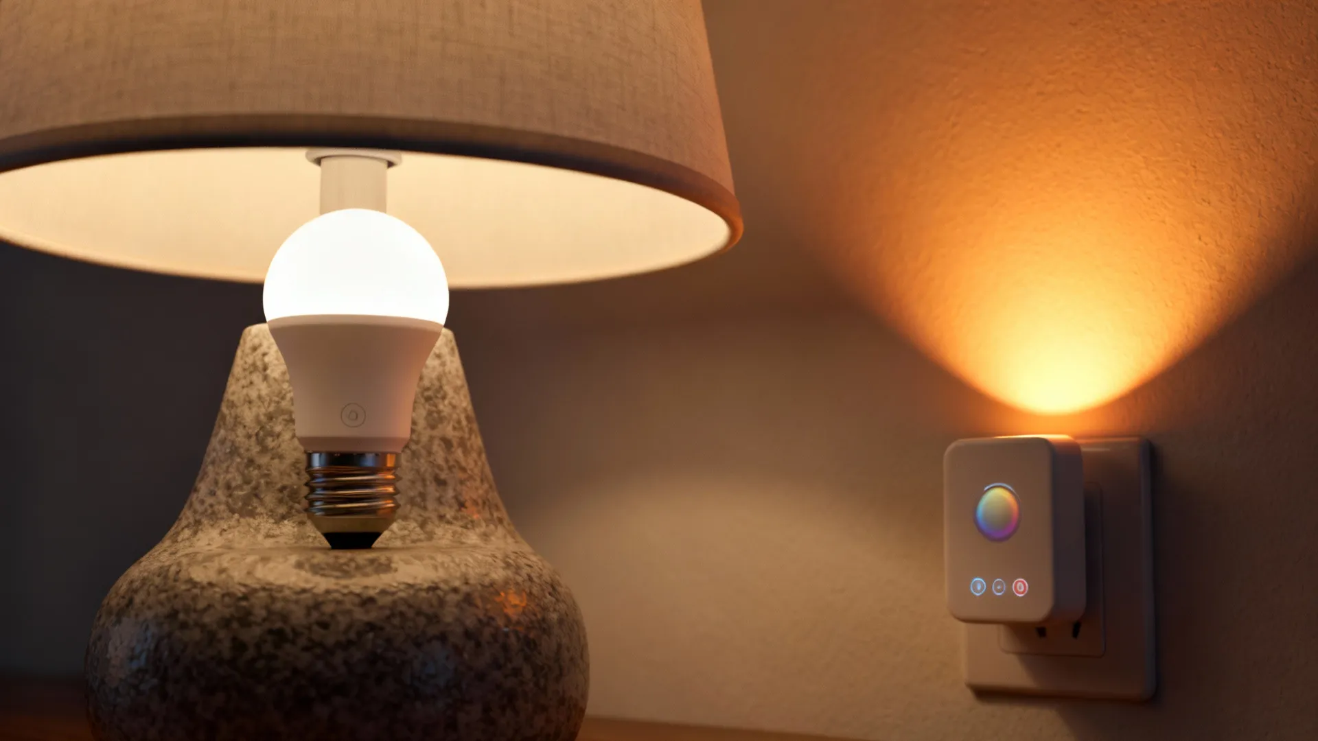 Smart bulb in a lamp and a portable uplight bouncing warm light off the wall