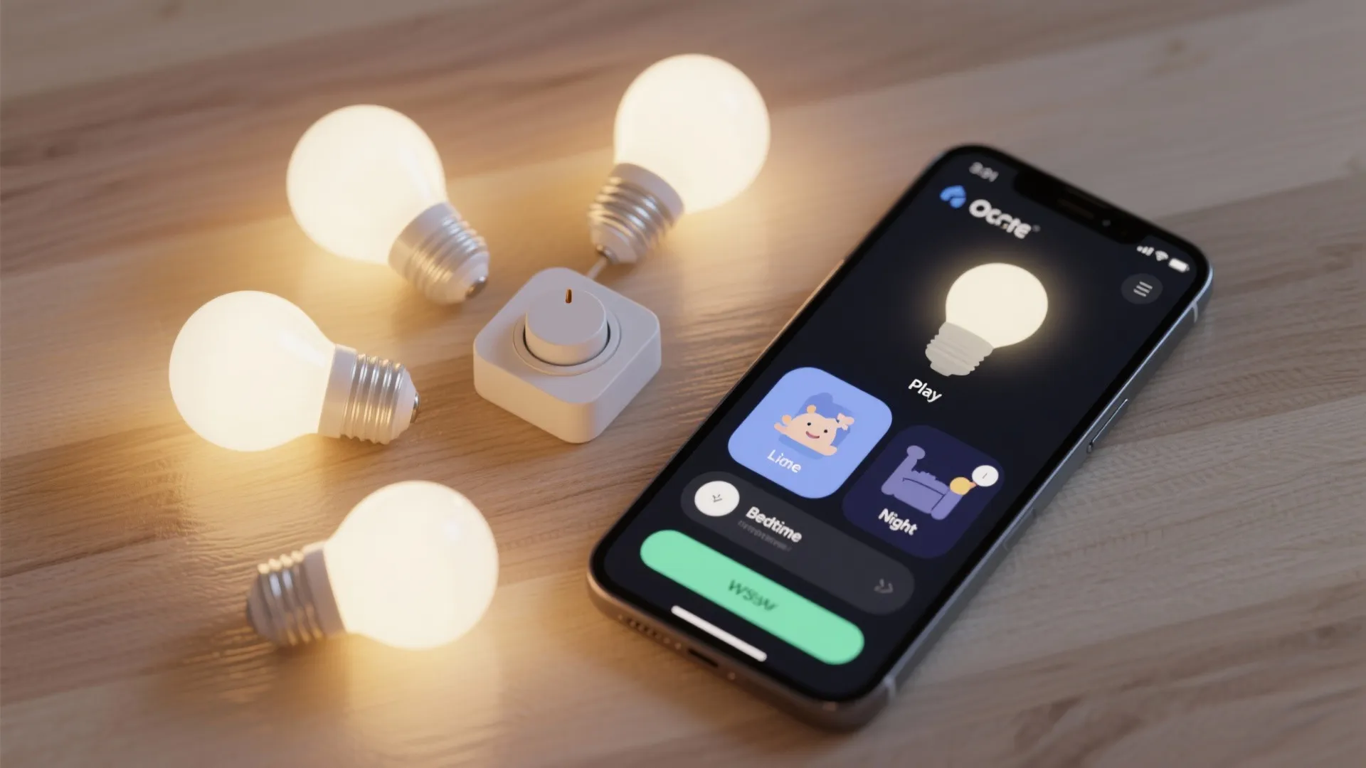 Top-down flatlay of smart bulbs, a physical dimmer, and a phone with nursery lighting scenes.