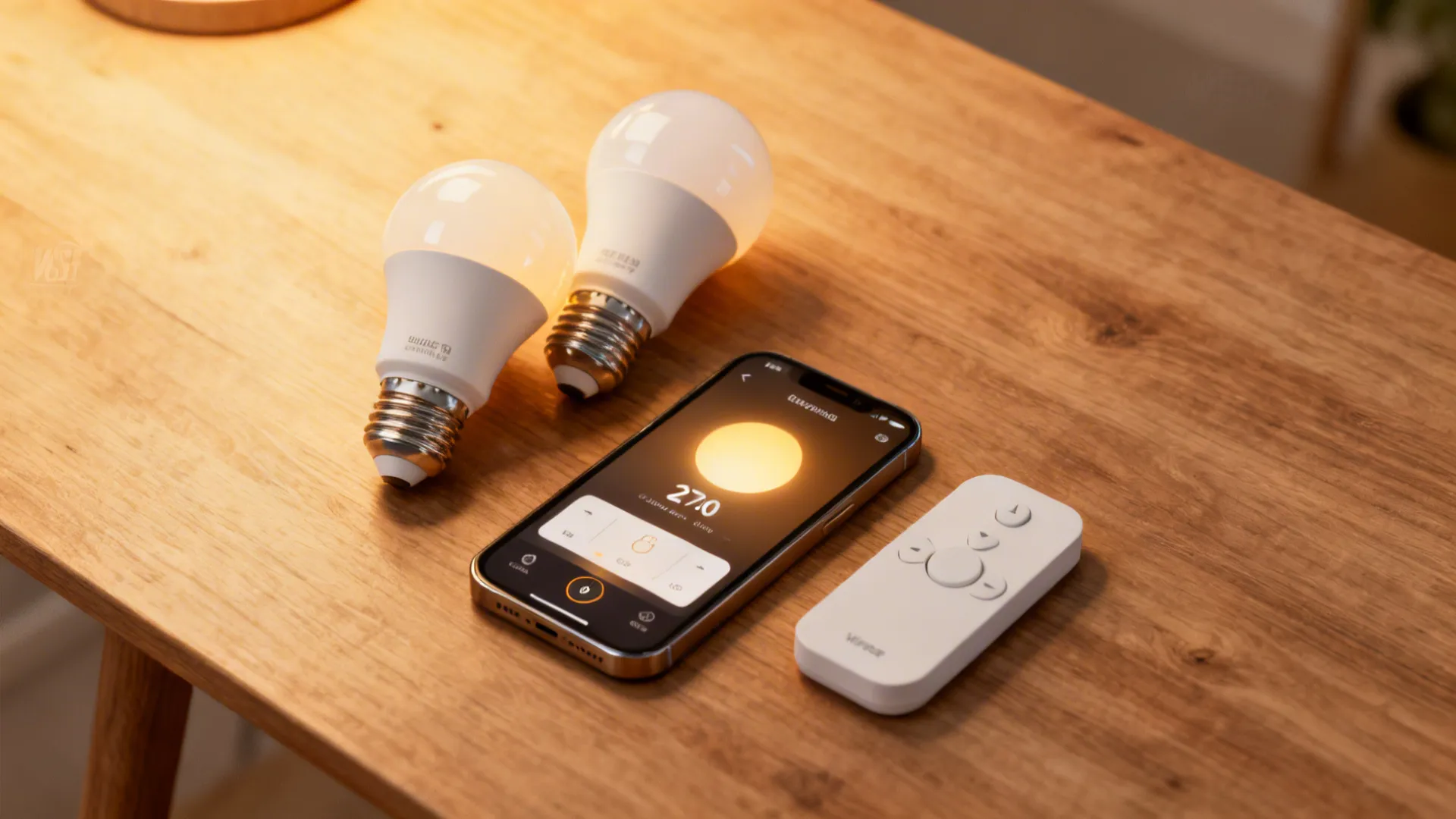 Flatlay of dimmable smart bulbs and a phone app showing lighting scenes for cozy small spaces.