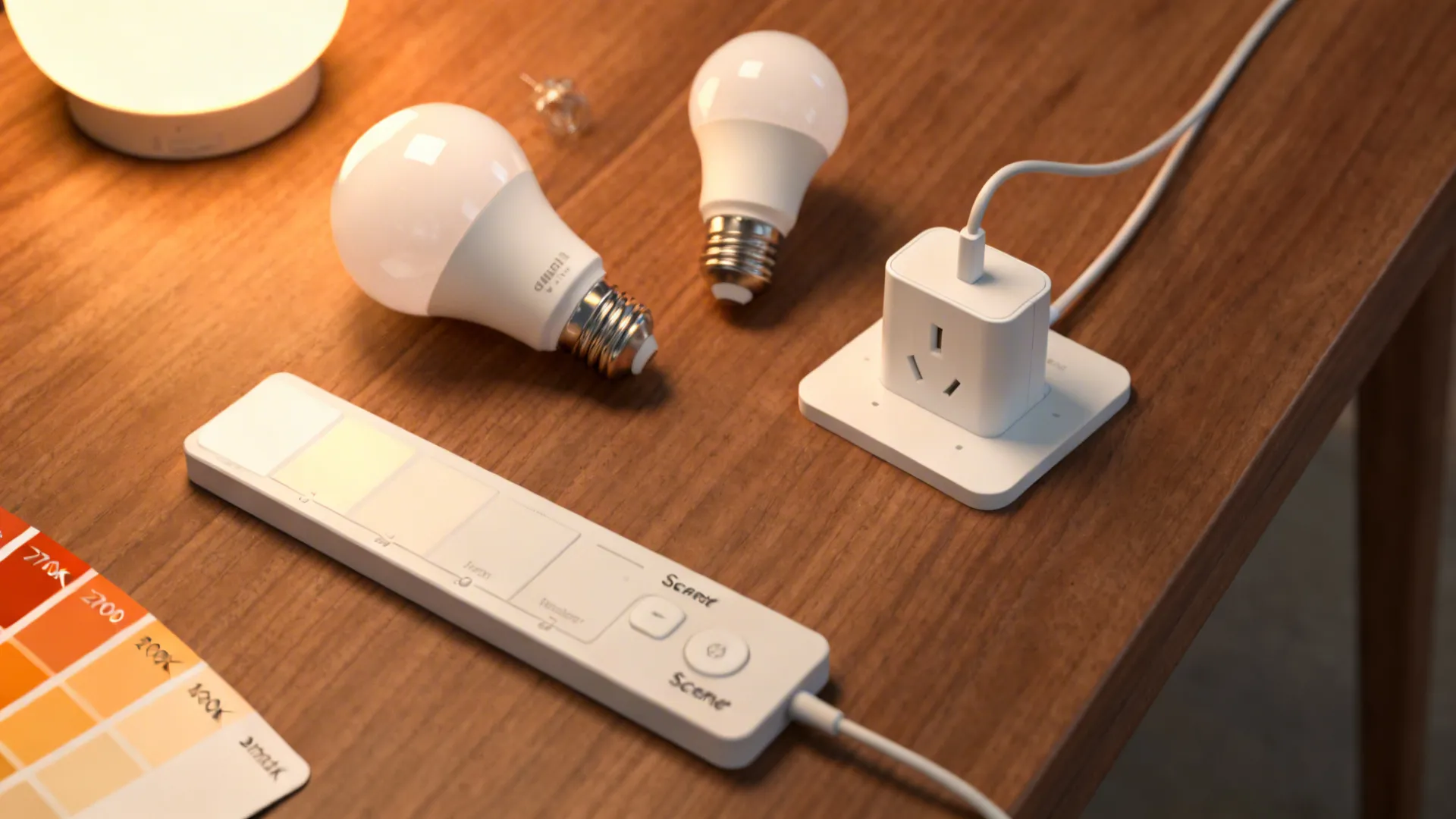 Wooden table with two white light bulbs a smart remote control and a white power adapter