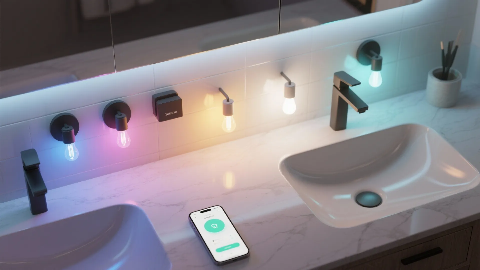Top view of bathroom sinks with colorful wall lights controlled by a mobile phone app screen