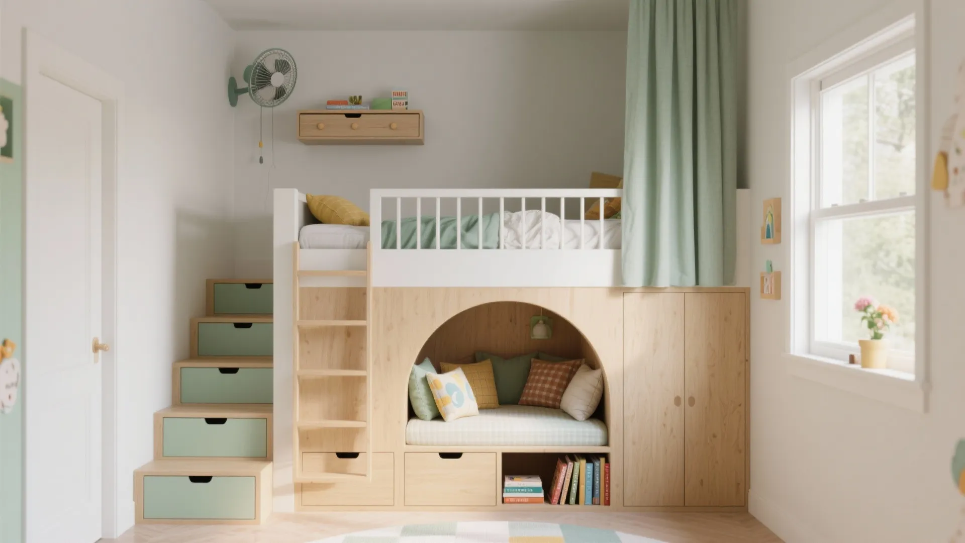 Compact kids' room with low loft bunk, storage drawers, and a cozy reading cave below.