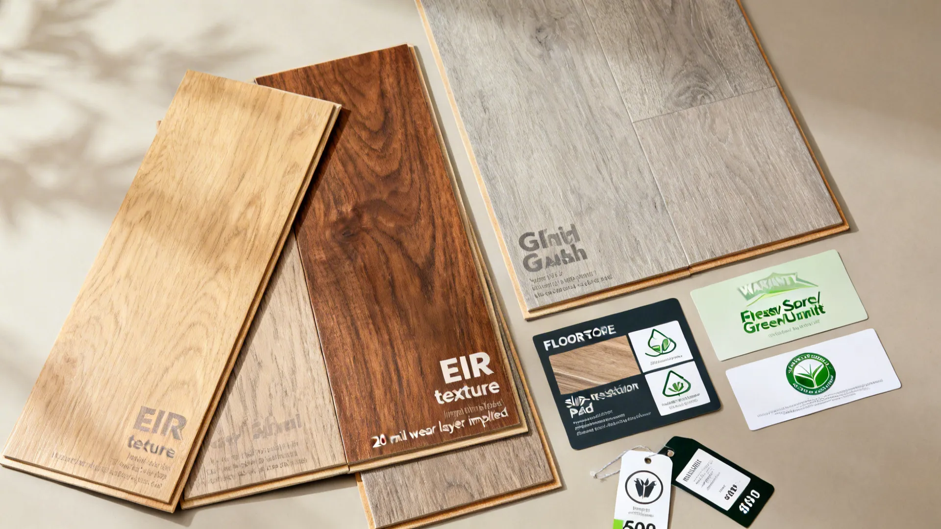 Top-down vinyl plank samples with texture, wear layer cues, and slip-resistance pads.