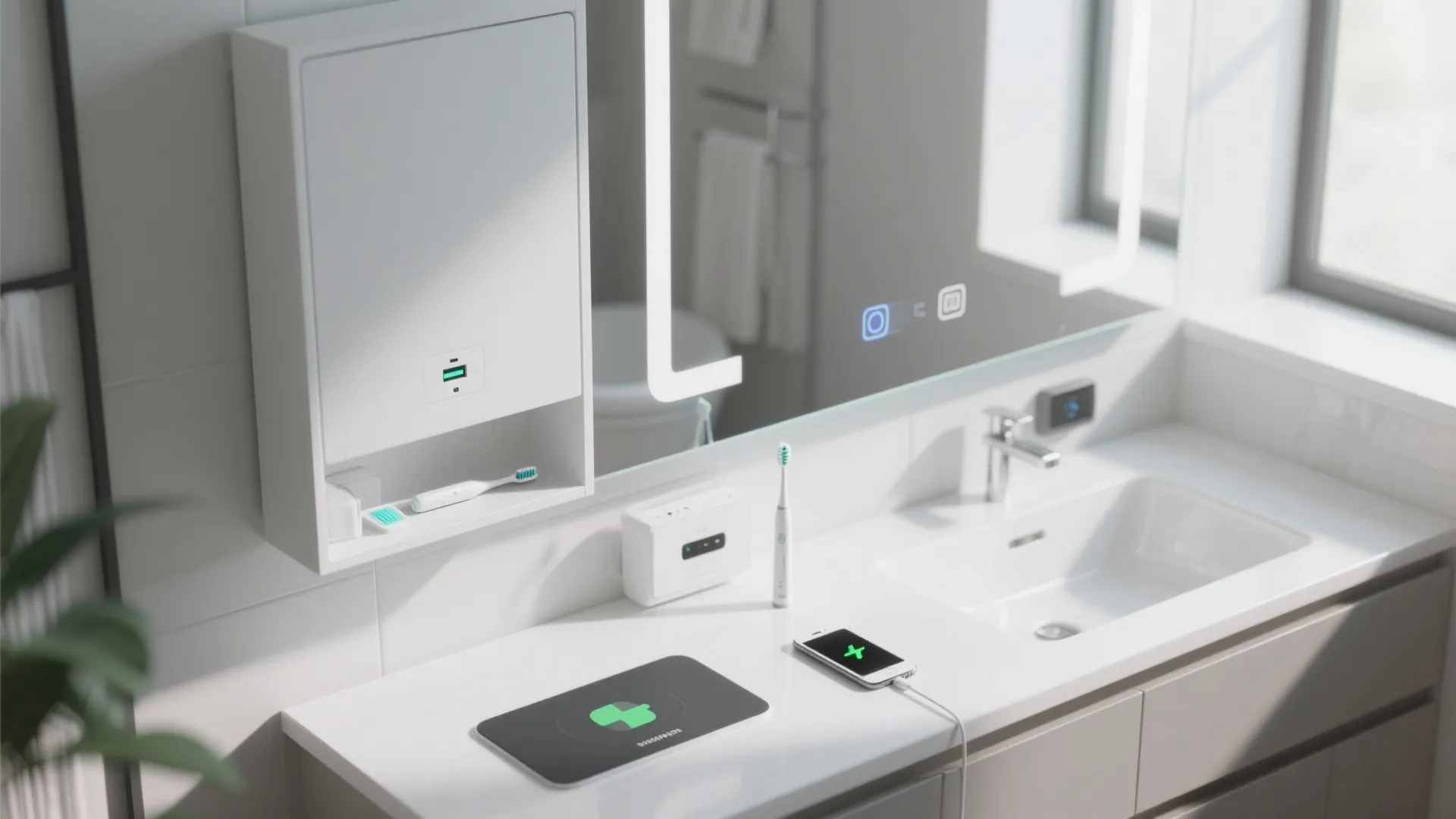 White smart medicine cabinet with USB ports, wireless charging pad, and anti-fog feature in a tidy bathroom.