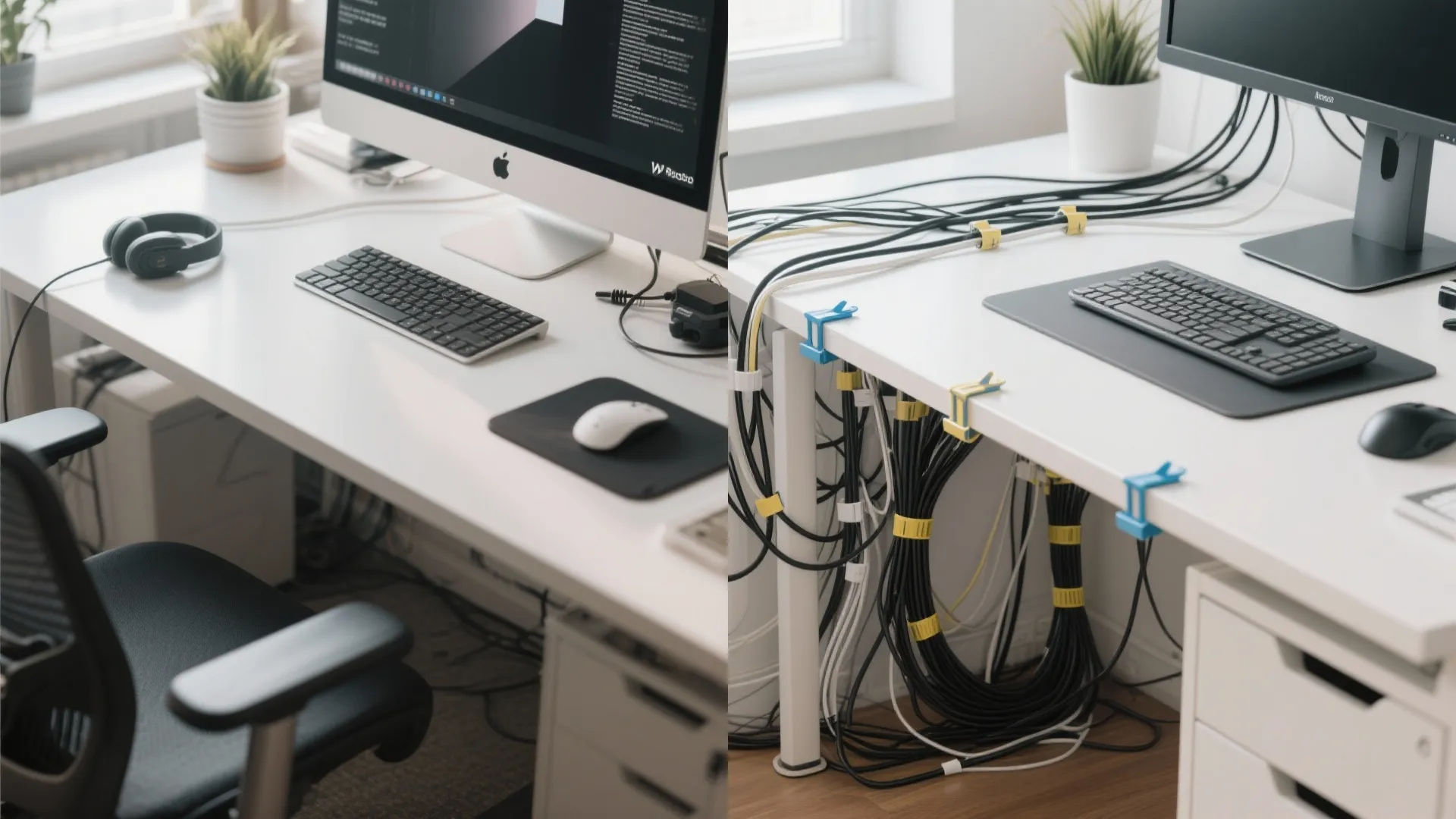 Before and after comparison of messy desk wires versus organized cables using colored plastic clips