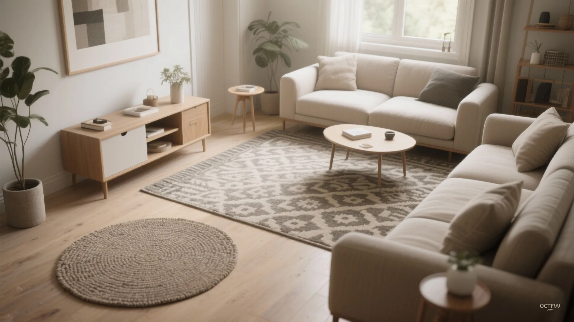 Minimalist living room with beige sofas patterned rug round straw mat wooden cabinet and green plants