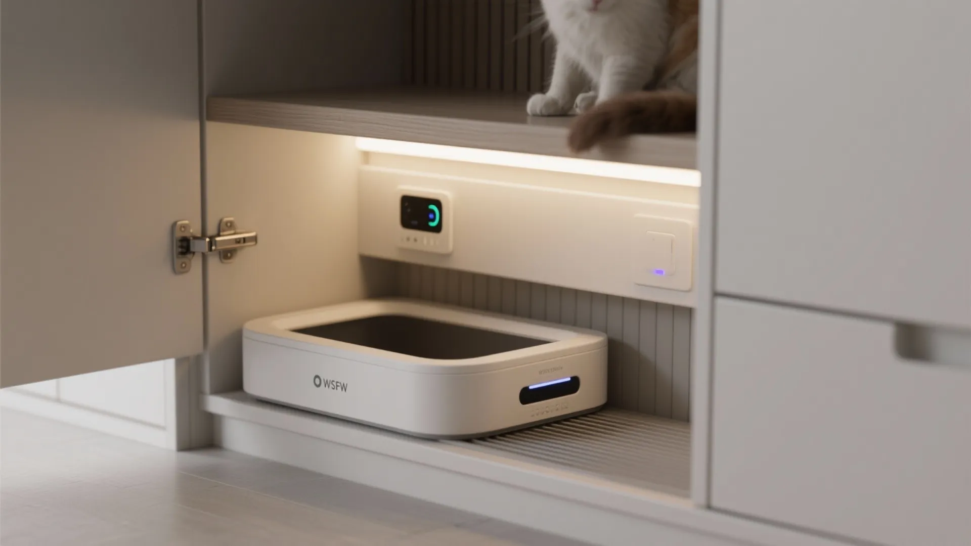 Smart cat litter box placed inside a white cabinet with light fixture and control panel