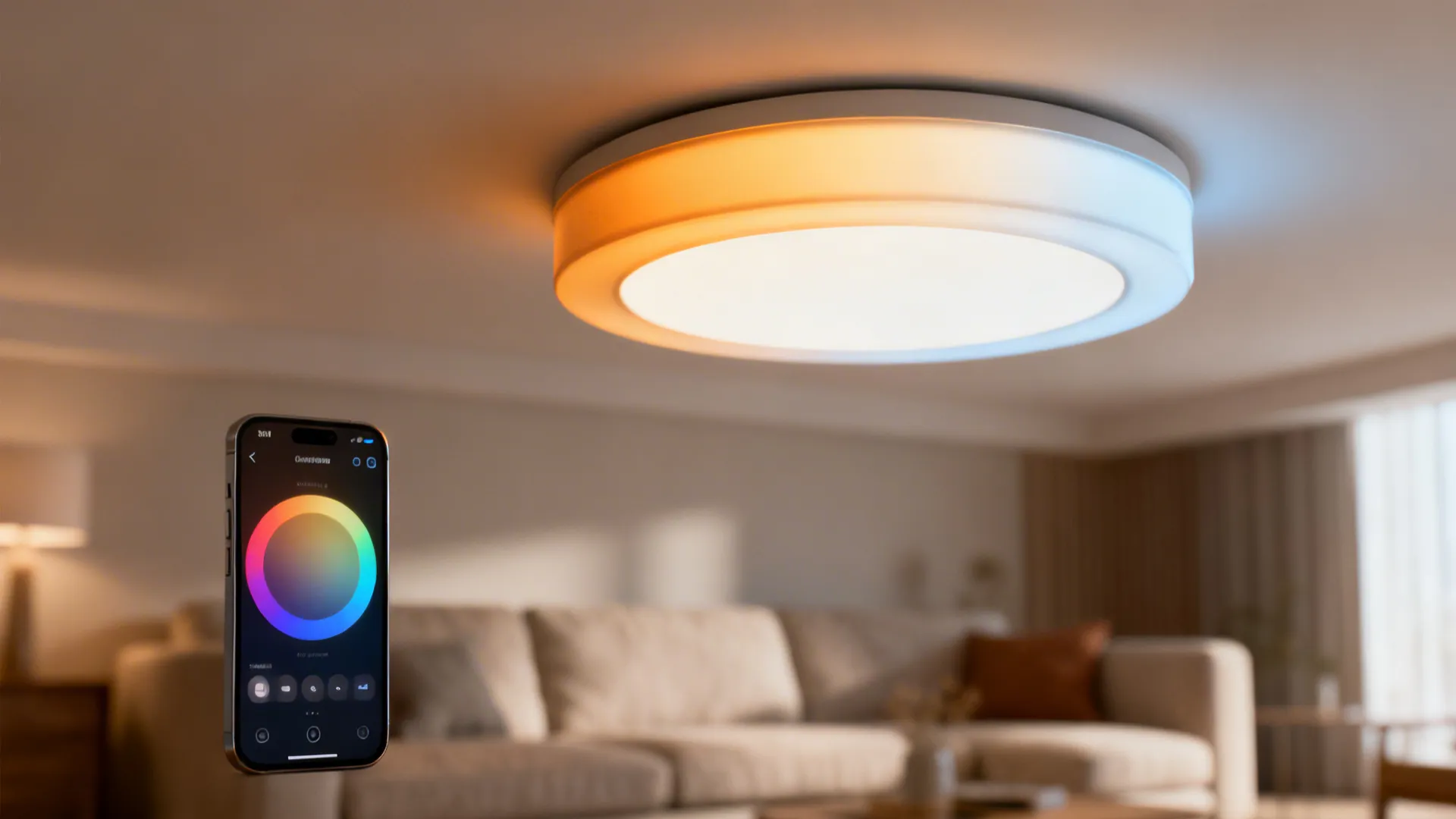 Smart color-tunable ceiling fixture in a small living room with a phone displaying scene presets.