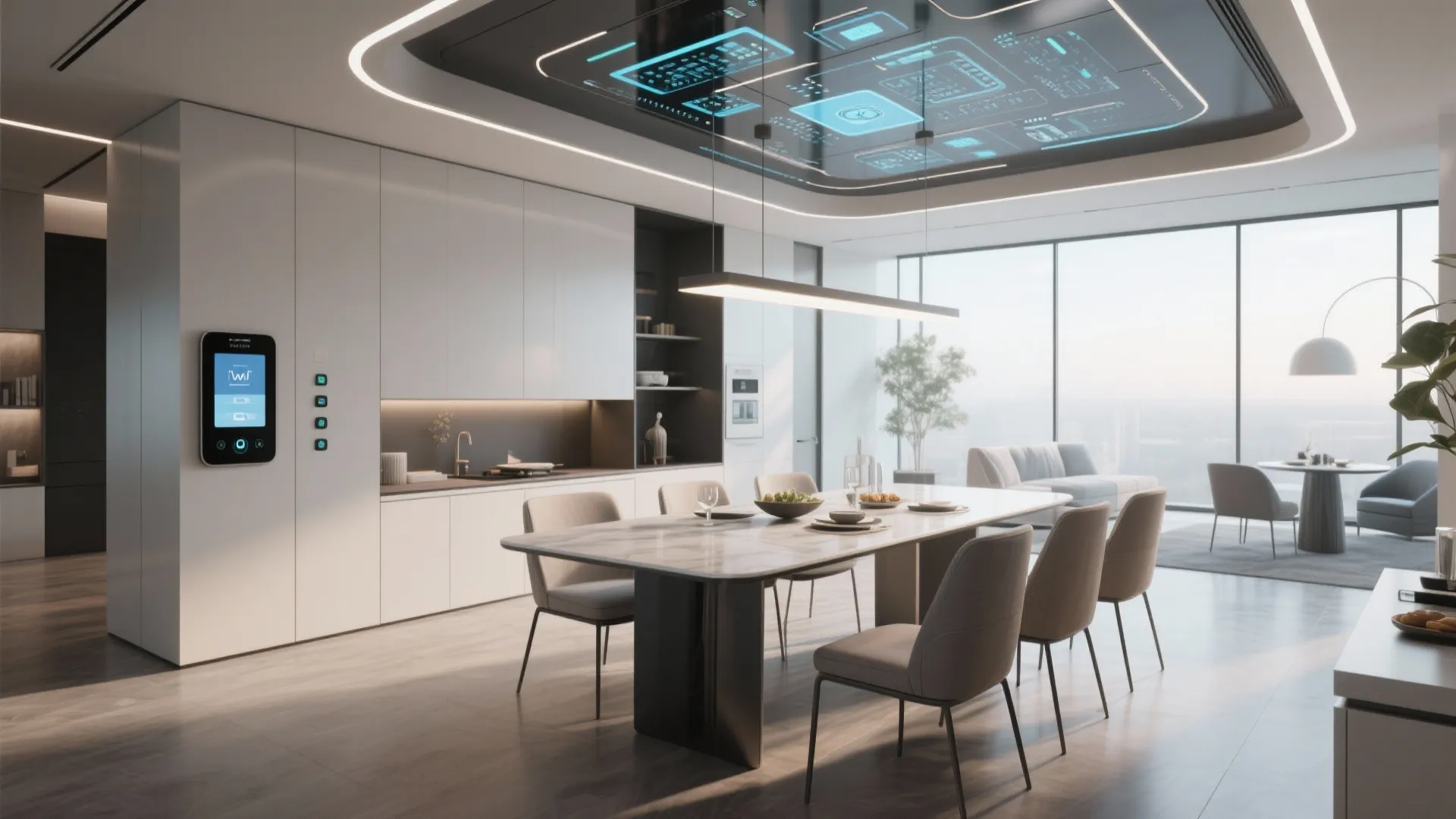 Futuristic kitchen and dining area with smart control panel and digital display on the ceiling