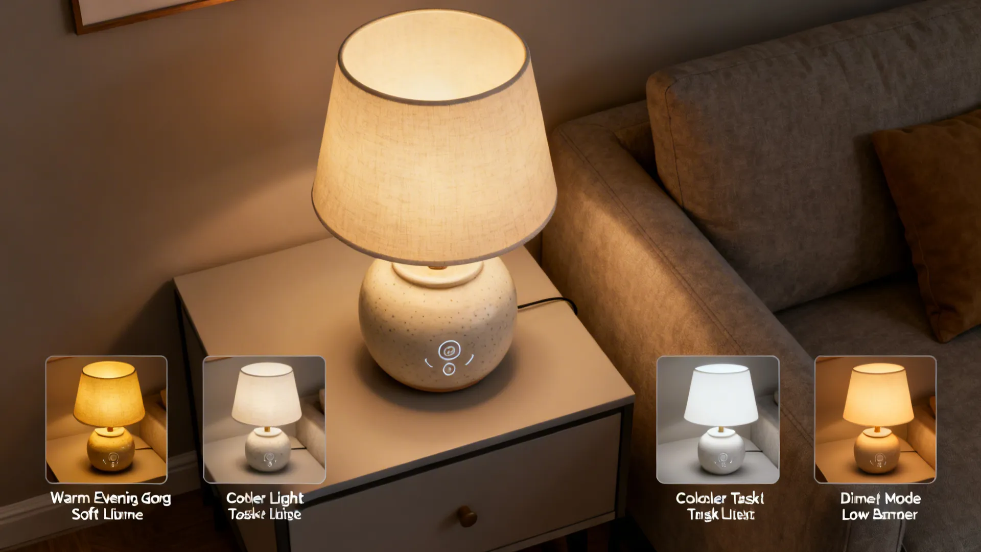 Smart ceramic table lamp shown in warm, cool, and dimmed modes on a living room side table.