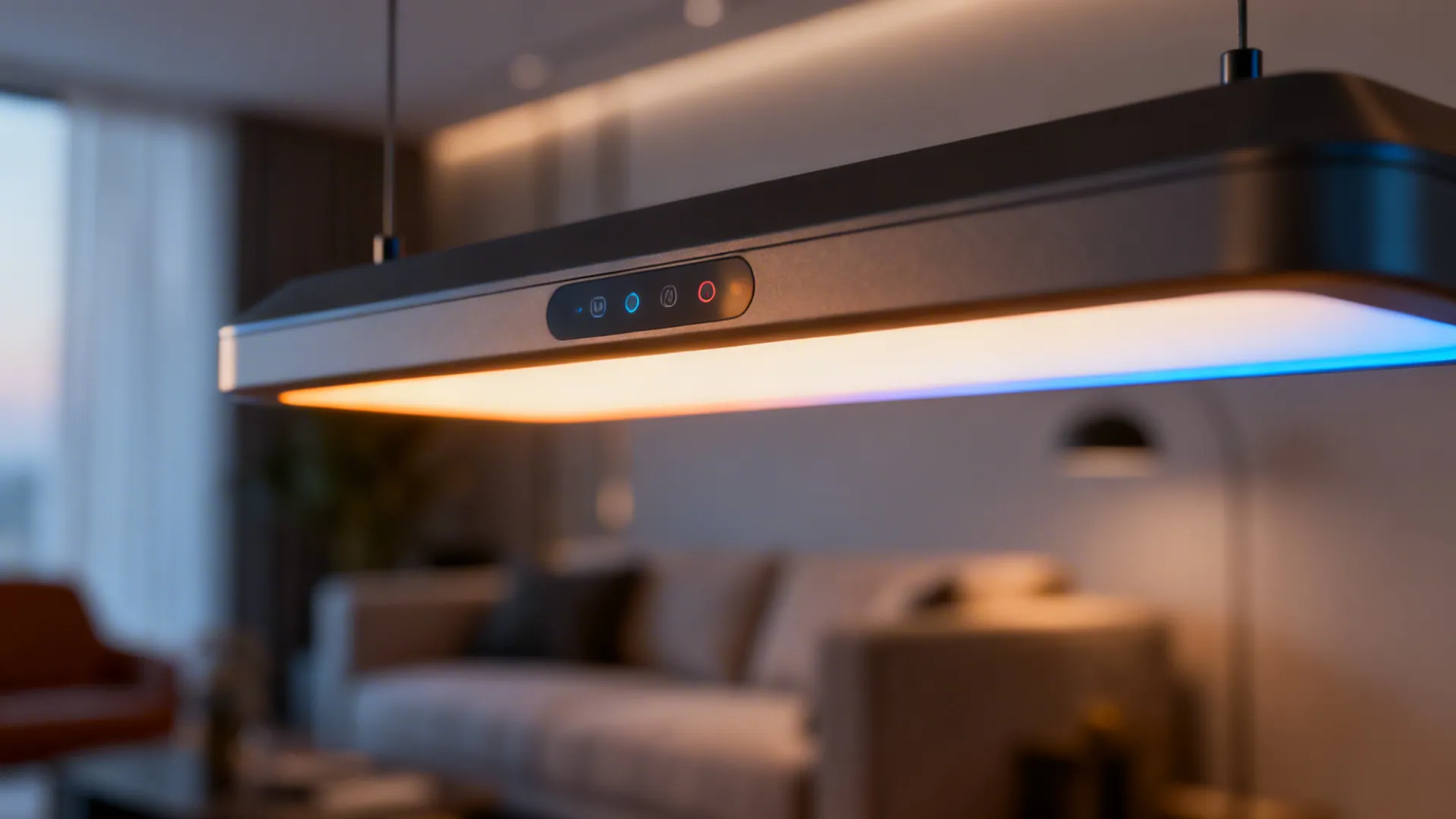 Smart chandelier fan showing adjustable color temperature from warm to cool over a living room.