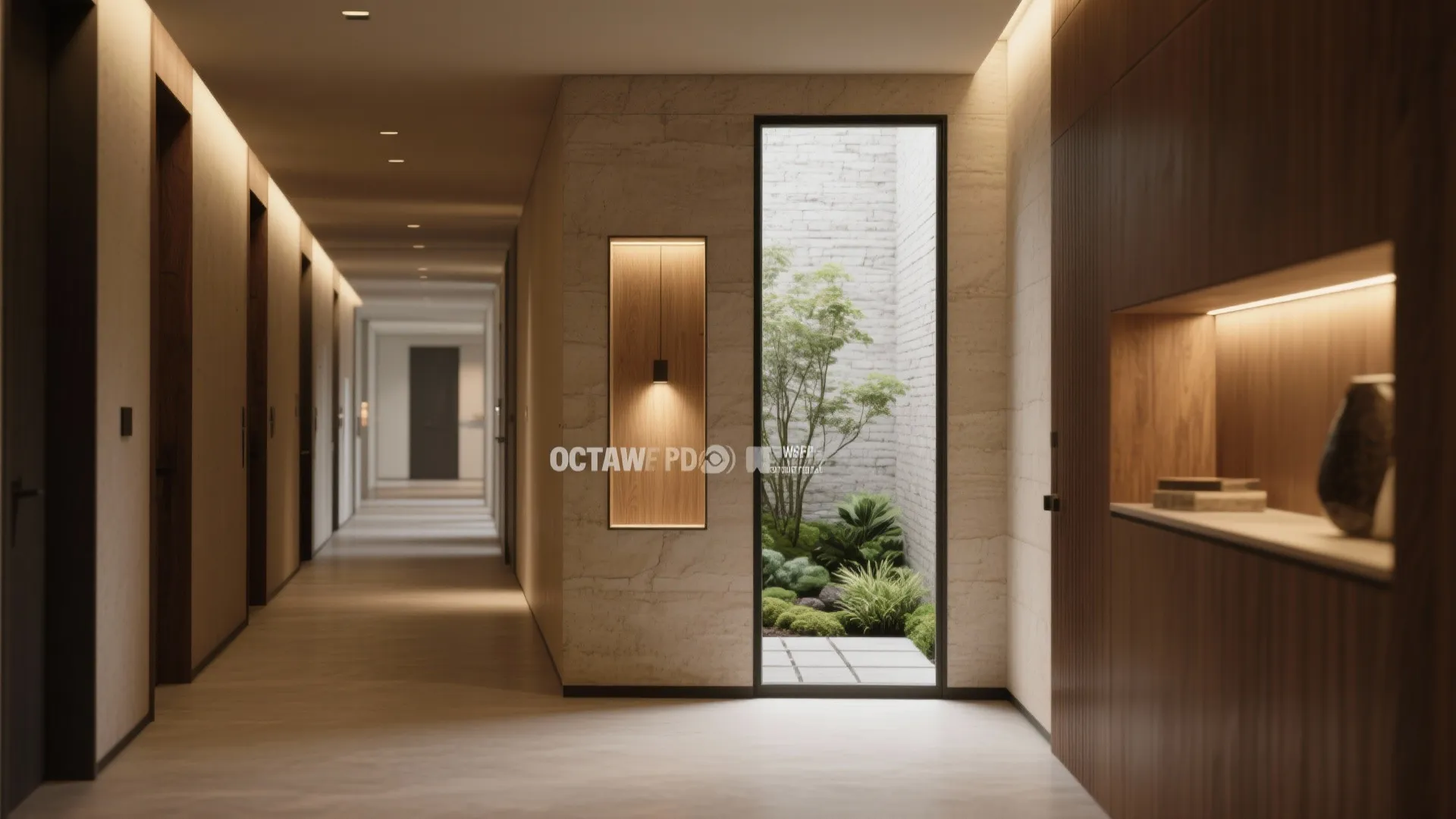 Short hallway with a slight jog and framed garden view creating depth and privacy.