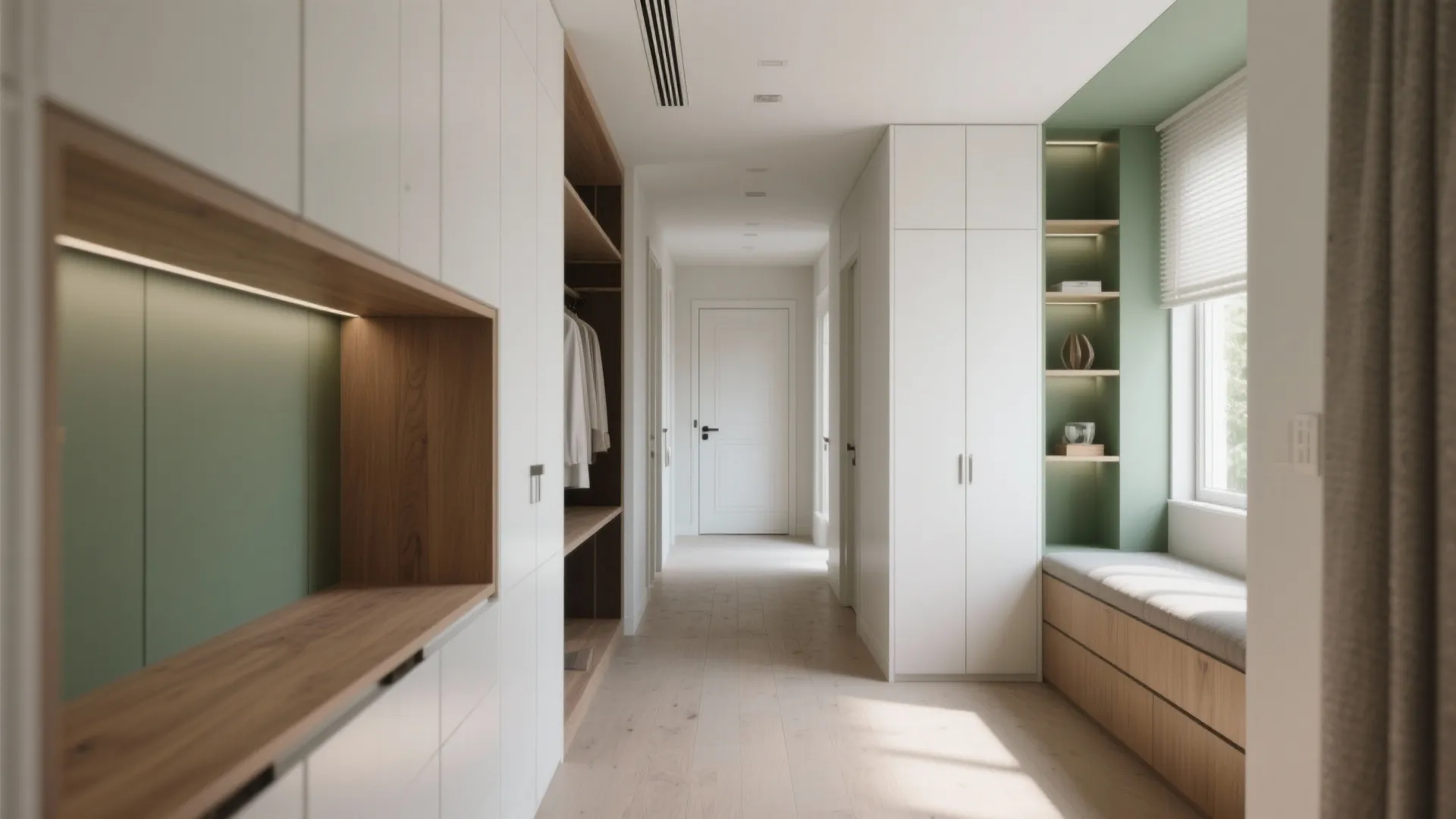 Modern hallway with white built in cabinets wooden shelving green accents and a small window seat