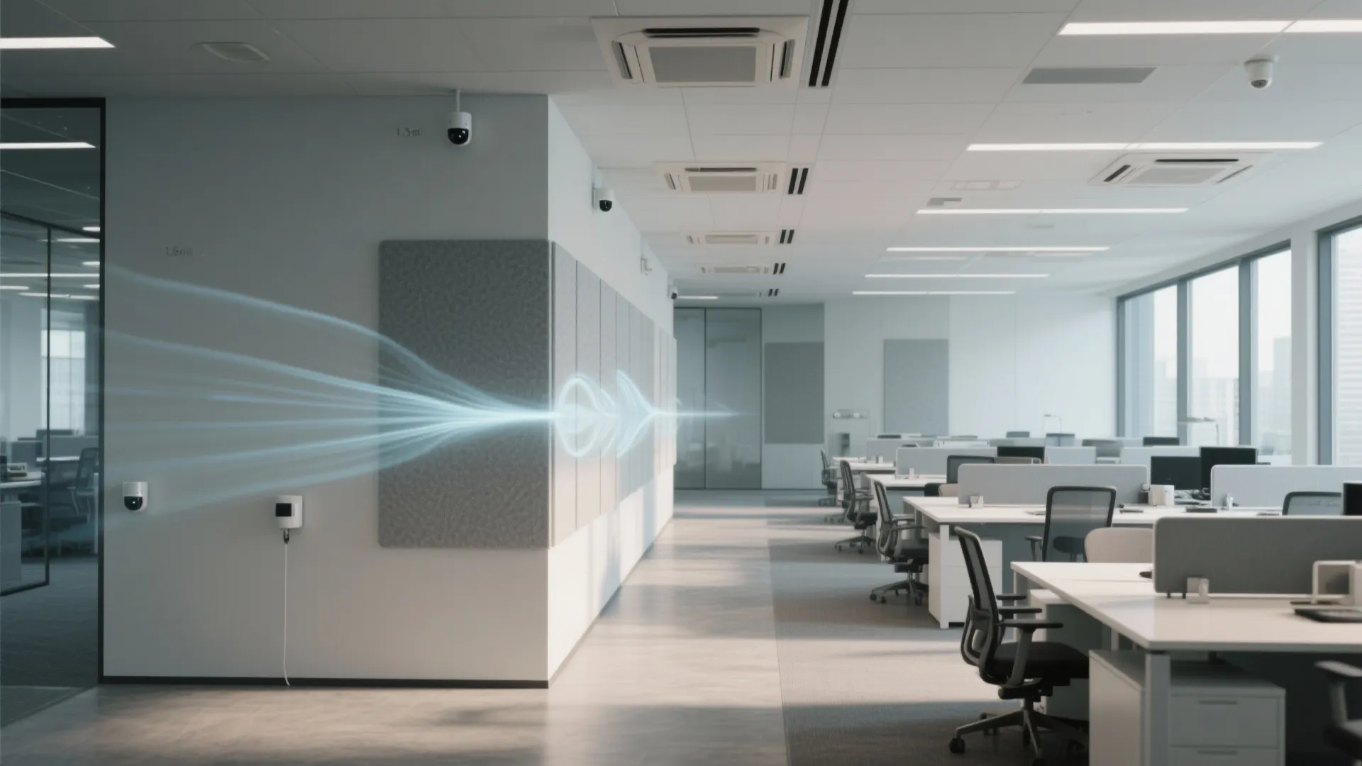 Modern office interior showing white desks and blue light lines for air flow through space