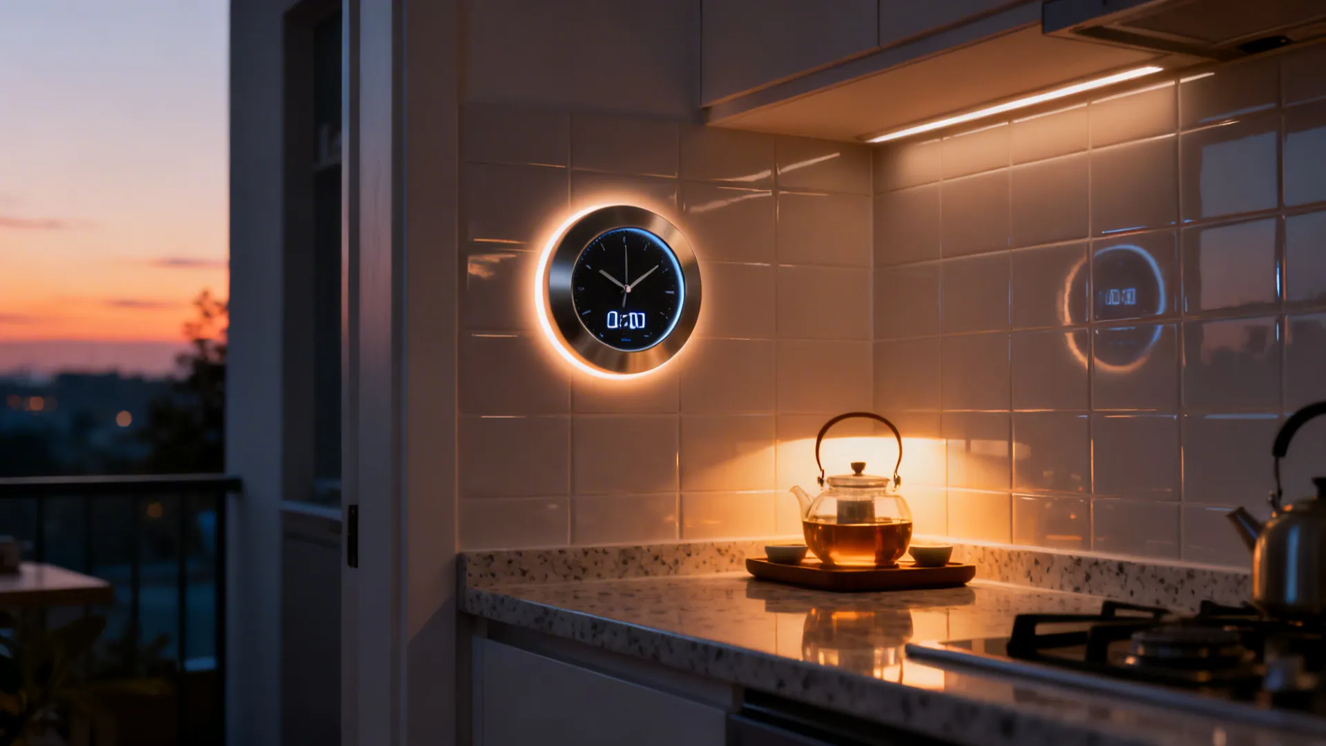 Smart kitchen wall clock with a soft halo backlight near a tea station at dusk.