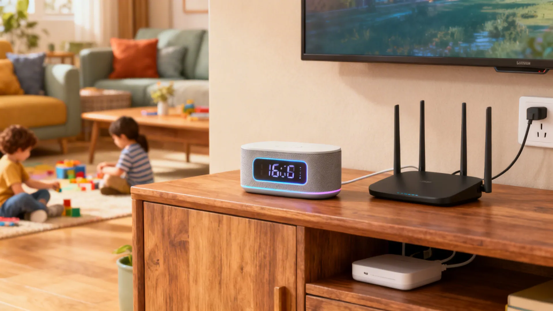 Smart clock with voice assistant placed on a media console with concealed wiring