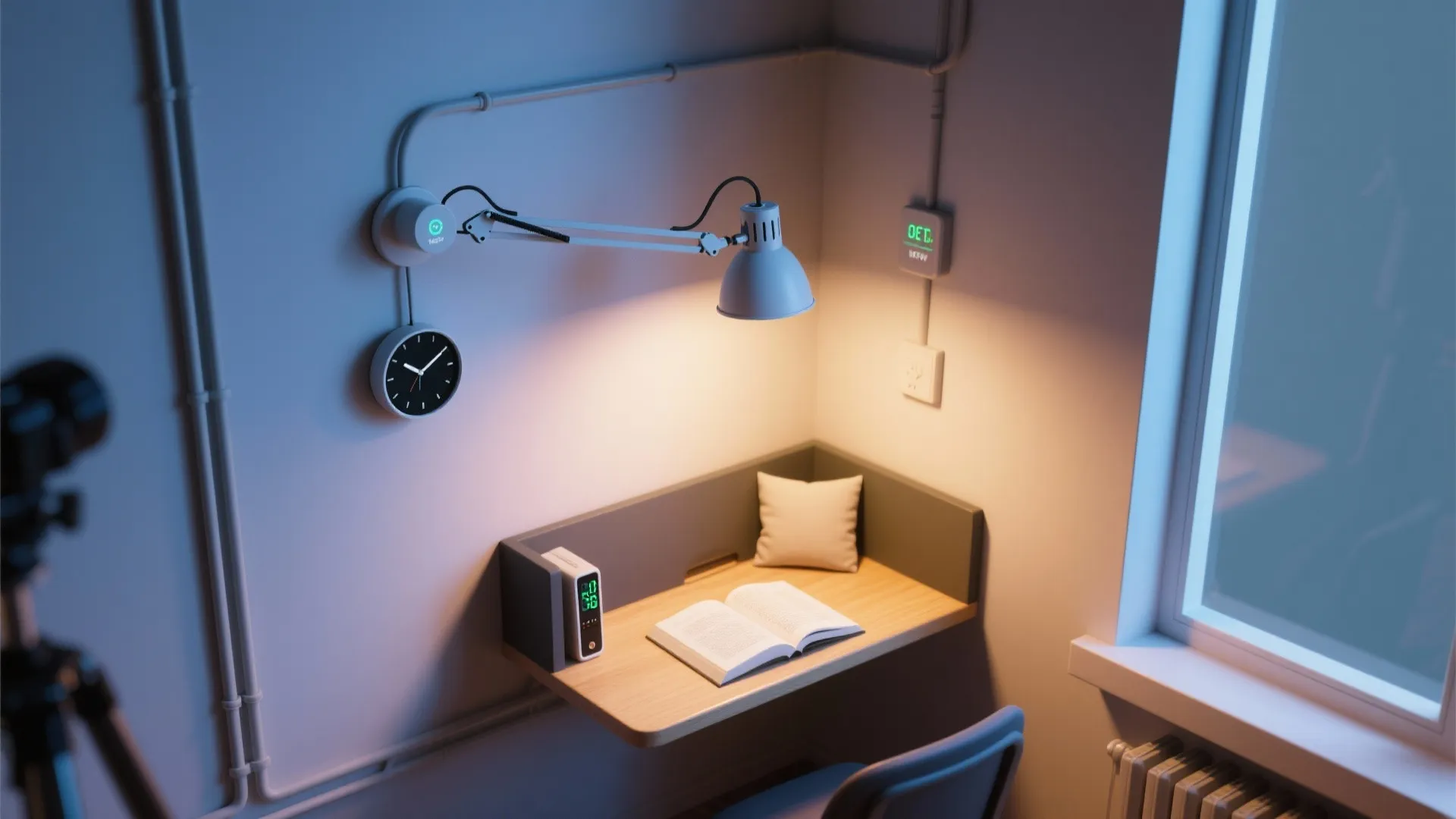 Small wall desk with open book pillow wall light analog clock and digital display in corner