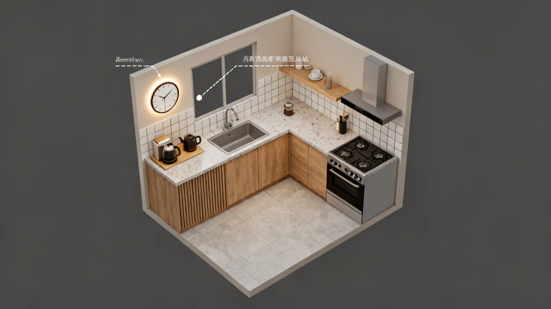 Top-down small kitchen plan suggesting a smart clock placement near a coffee station.