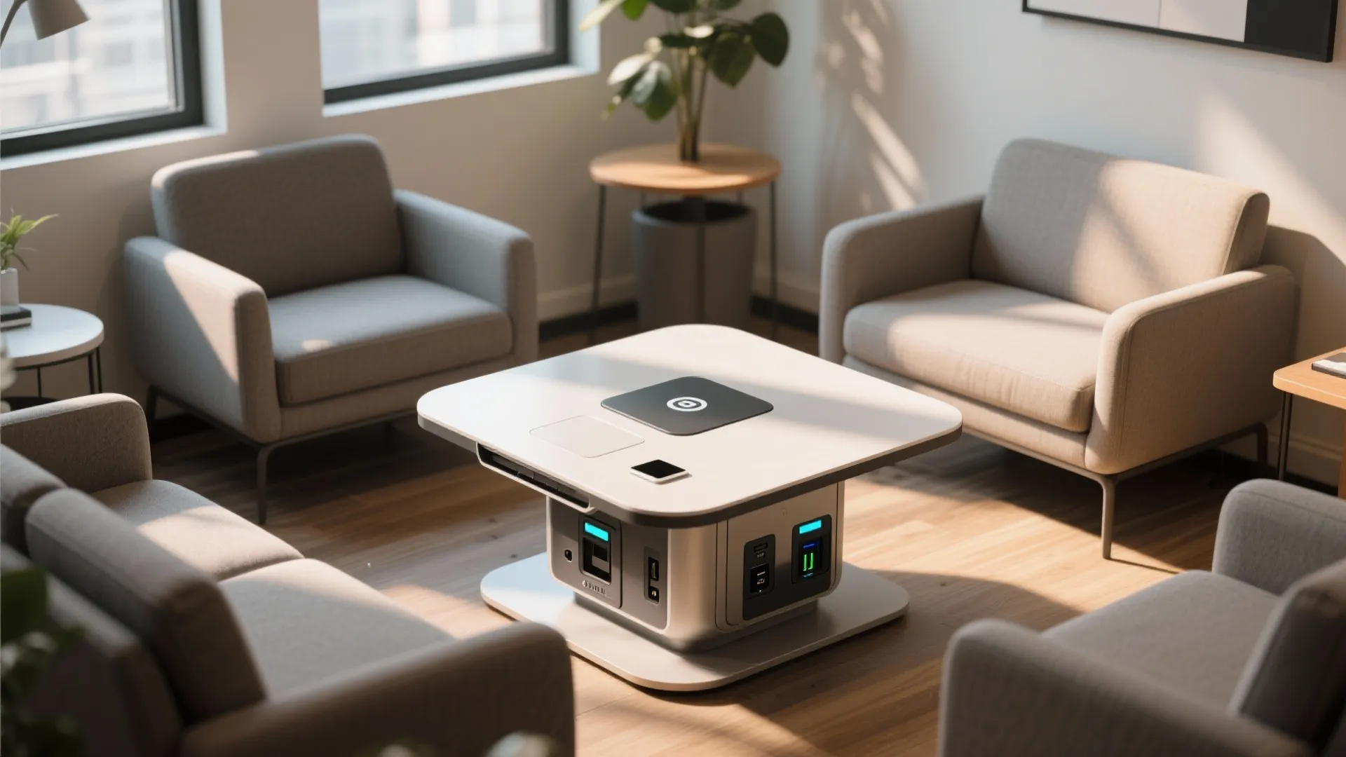Modern white smart coffee table with power outlets and wireless charging in a bright office lounge