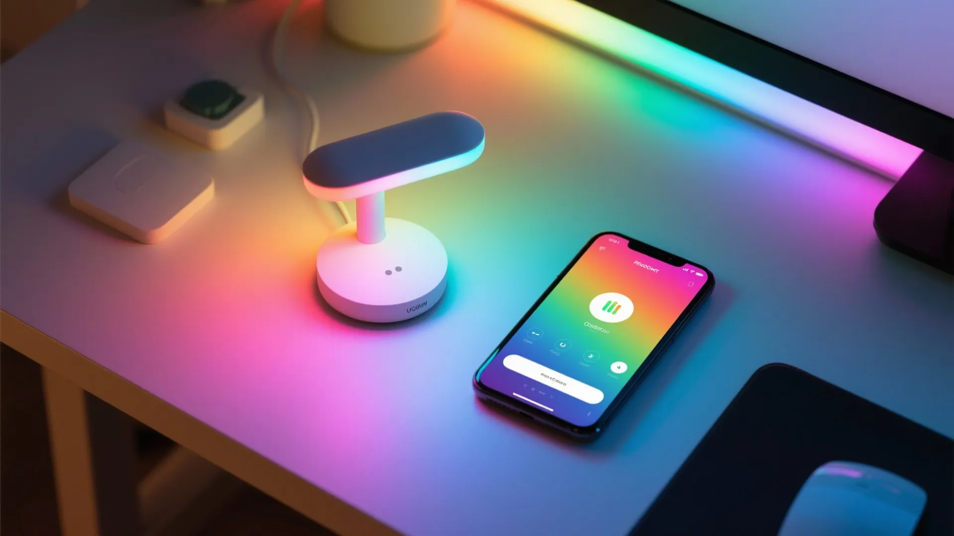 Smart small desk light with colorful glow controlled by a mobile phone app on table
